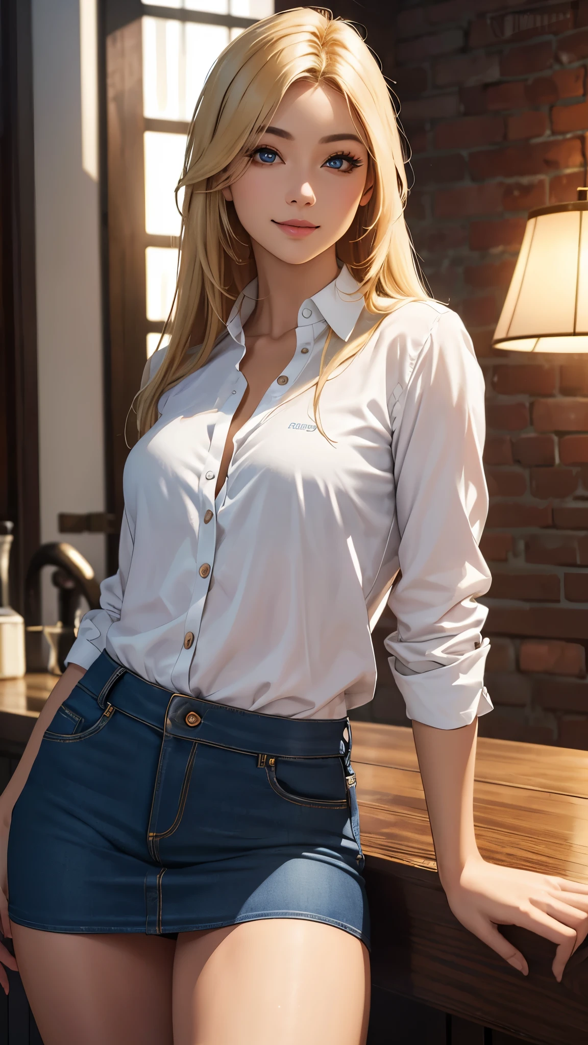 (best quality,ultra-detailed,photo-realistic:1.37),bright and vibrant colors,studio lighting,playful expression,stylish makeup,long blonde hair flowing in the wind,alluring eyes,glossy lips,sexy pose, Mini skirt, coffee shop, black,smiling in a confident and seductive way,posing for a professional photoshoot,shallow depth of field,highlighting the main subject,soft natural lighting,creating a dreamy and magical atmosphere.