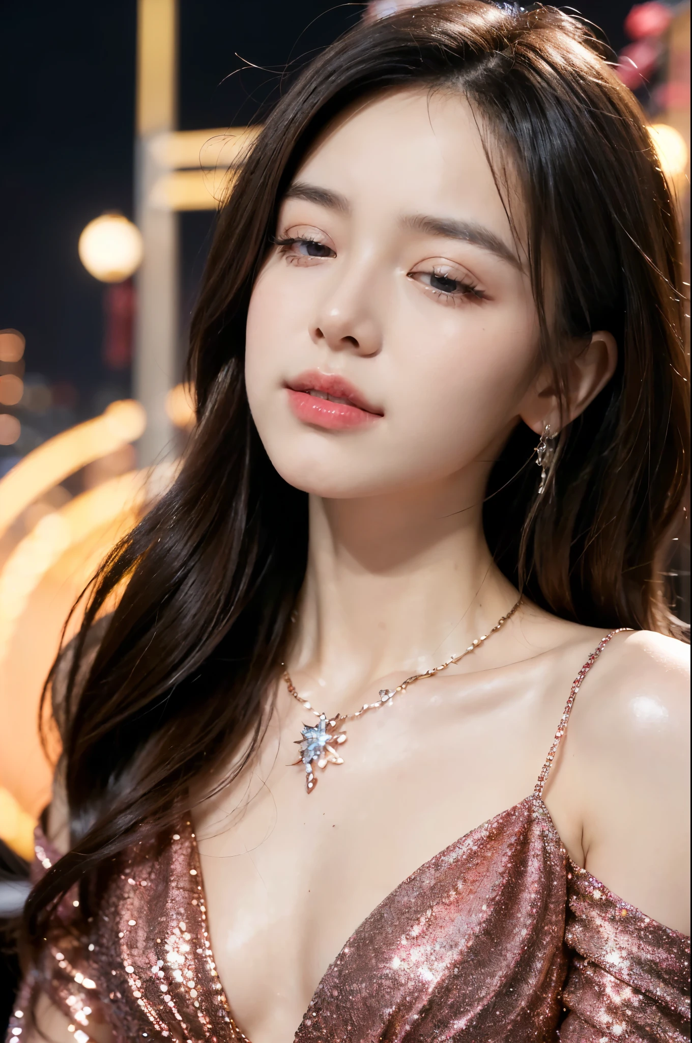 ((((8k))),((Extremely meticulous CG)),(wallpaper),16k,((Extremely refined and beautiful)),(((Masterpiece))),(((best qualtiy))),(((Ultra High Resolution))),beautiful light up,Perfect lightning,realistic shaded,(high resolution),(Smooth and flawless fair skin:1.5),(pale skin:1.3),Extremely exquisite facial details,(perfect body:1.1),ultra-detailed,a girl,solo,small head,(shoulder length straight bob hair:1.1),small face,Exquisite makeup,(Liquid yogurt on the face:1.5),(close eyes:1.5),(fainting:1.3),(open mouth:1.5),(pouting:1.5),(blush:1.3),(female :1.5),(ahegao:1.1),(slim,thin),(happy:1.2),(smile:1.2),(small breasts:lat chest:1.2),(Crystal Necklace:1.1),(Maxi Gorgeous sparkle red dress:1.5),(night scene:1.5),indoor,(standing On the dazzling stage:1.3),(Modern Cyberpunk Style:1.3),(Spring Festival festive atmosphere:1.3),(detailed background:1.5),(close-up of face:1.3),(from front:1.3),(bright light:1.3),