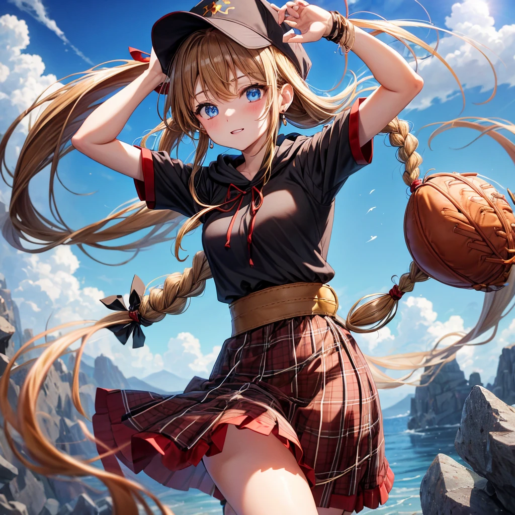 reddish-brown blonde、blue eyes、Braid、ponytail、one good looking girl、solo、anime、Plaid miniskirt、camisole、black t-shirt、dress、Doing the ribbon、Ribbon at waist、cloak、Crystal Grotto、hood、desert、clouds are swirling、stone slabs are piled up、One hand is raised、Wearing a baseball cap 、crystal earrings、sun