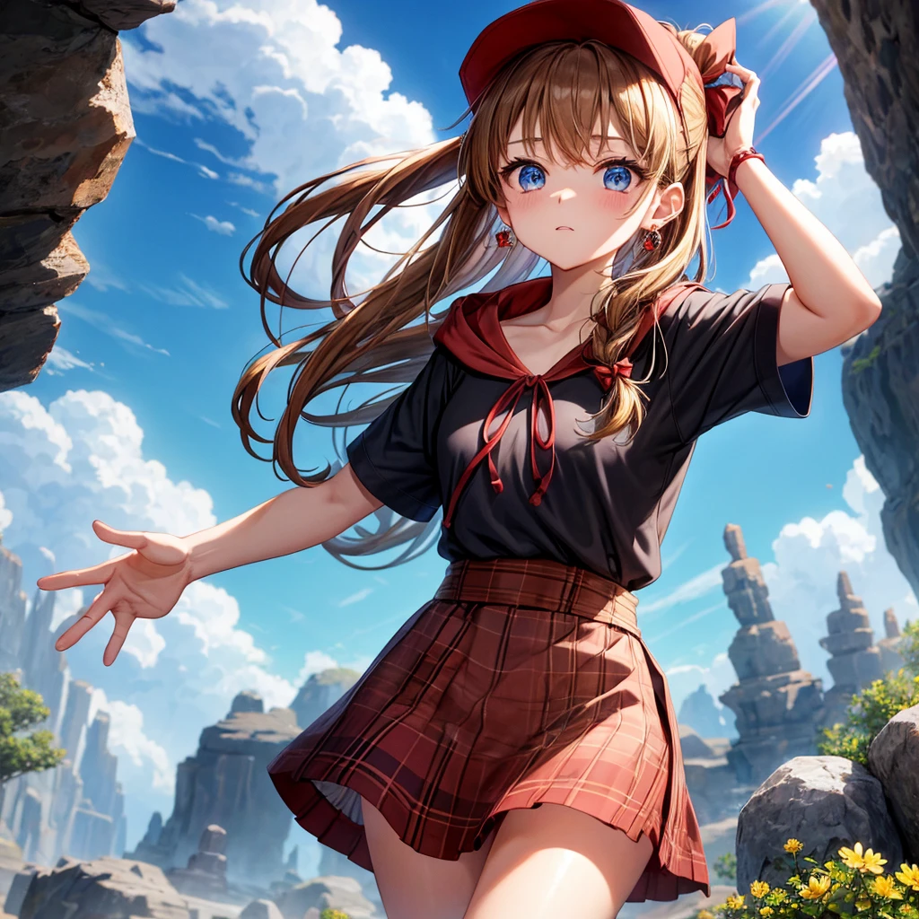 reddish-brown blonde、blue eyes、Braid、ponytail、one good looking girl、solo、anime、Plaid miniskirt、camisole、black t-shirt、dress、Doing the ribbon、Ribbon at waist、cloak、Crystal Grotto、hood、desert、clouds are swirling、stone slabs are piled up、One hand is raised、Wearing a baseball cap 、crystal earrings、sun