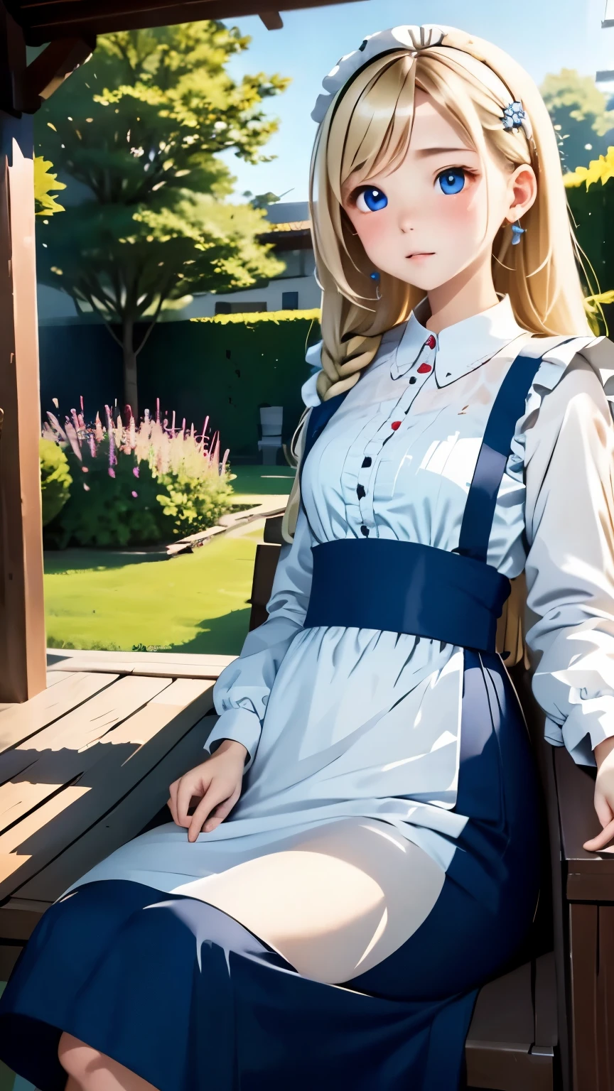 one girl、cute face、small face、small nose、plump lips、blonde hair、Maid clothes、Fair skin、Often full-length and long-sleeved、Pair it with a white apron、daily、maid service、gentle expression、Countryside view、Featuring gorgeous woodwork, Abundant tapestries