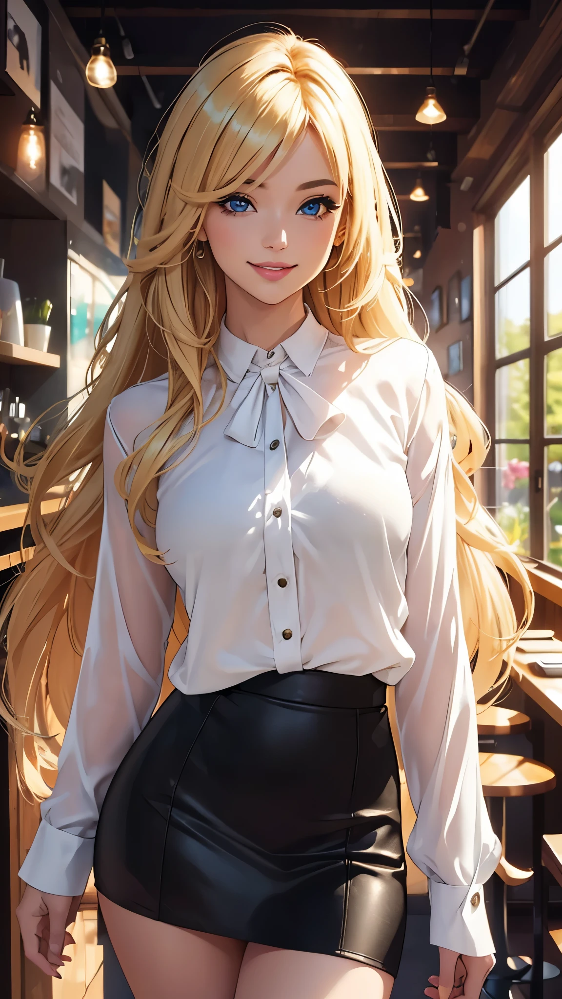 (best quality,ultra-detailed,photo-realistic:1.37),bright and vibrant colors,studio lighting,playful expression,stylish makeup,long blonde hair flowing in the wind,alluring eyes,glossy lips,sexy pose, Mini skirt, coffee shop, black,smiling in a confident and seductive way,posing for a professional photoshoot,shallow depth of field,highlighting the main subject,soft natural lighting,creating a dreamy and magical atmosphere.