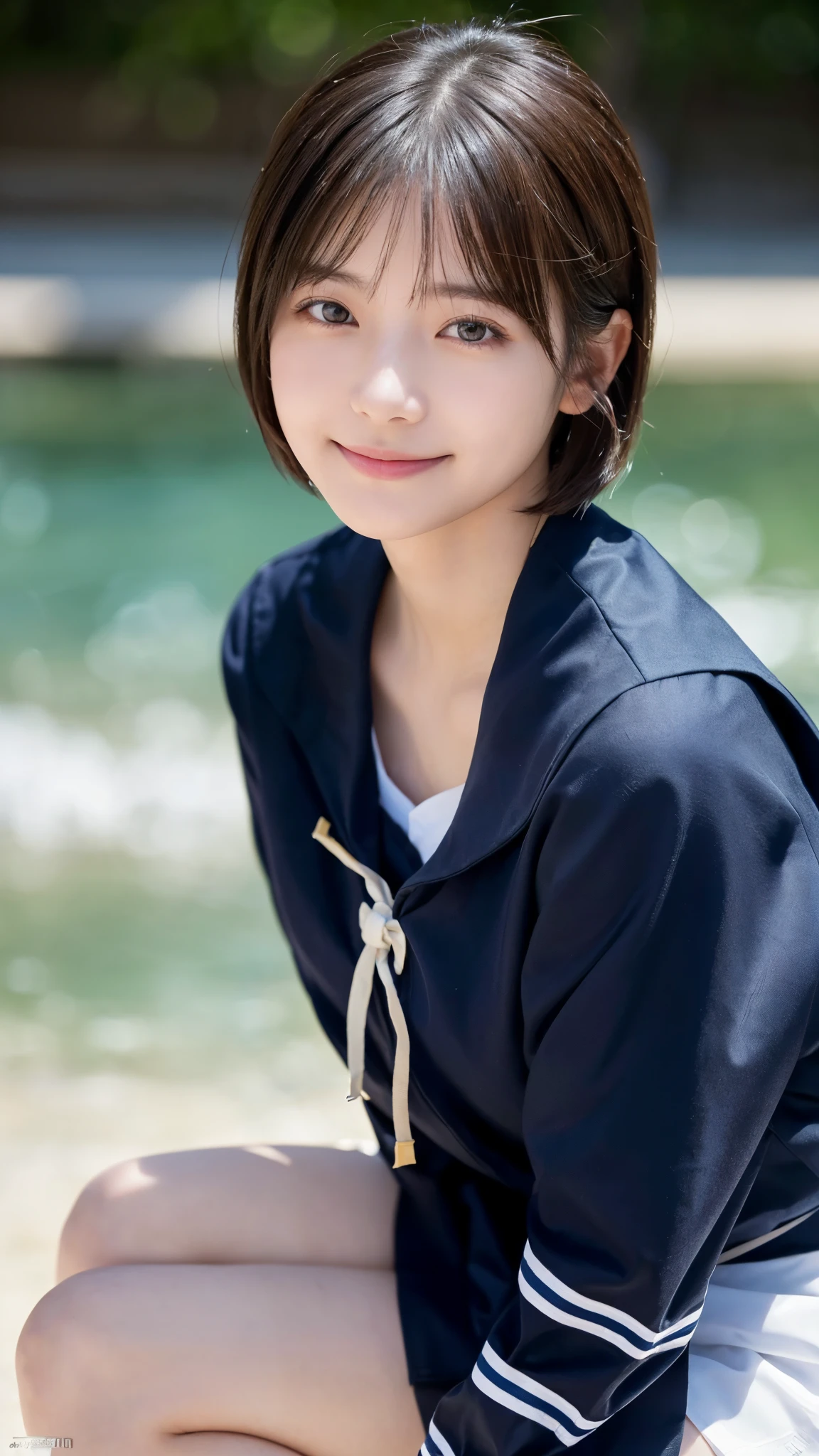 (highest quality,masterpiece:1.3,ultra high resolution),(Super detailed,caustics,16k),(photorealistic:1.4,RAW shooting),ultra-realistic capture,close-up of human skin,natural skin texture,Pores are detailed enough to be easily identified,Healthy skin and even tone,Use natural light and color,18-year-old,Japanese,cute,black short hair,Smiling and looking at the camera,(sailor suit),sit with one&#39;s knees,big breasts,shot from the waist up,(face focus:1.3),(Face close-up:1.3),(low position:1.3),(Low - Angle:1.4),sun,Lens flare,blue sky,