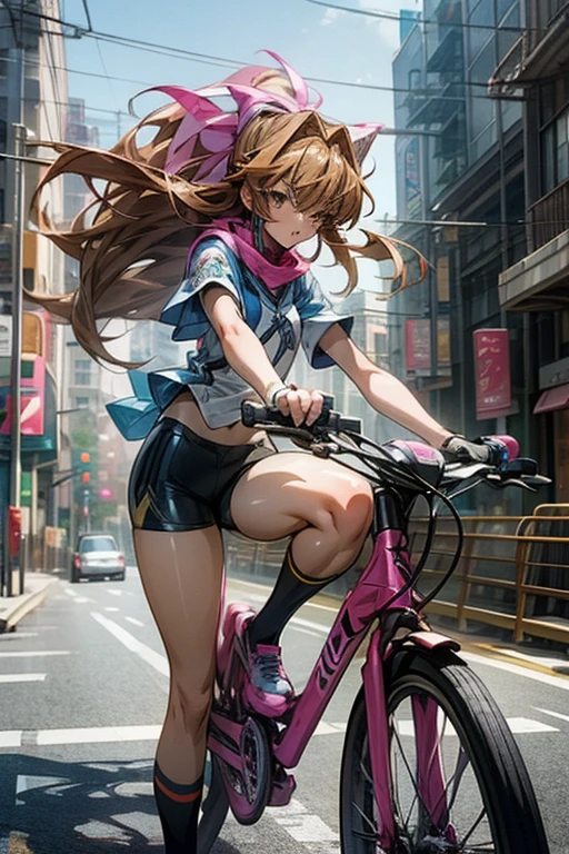 a girl rides a bicycle a street next to tall buildings, in running shorts, short shorts, inspired by Tsubasa Nakai, pixiv contest winner, highschool dxd, 3 d render official art, holo, thighs focus
