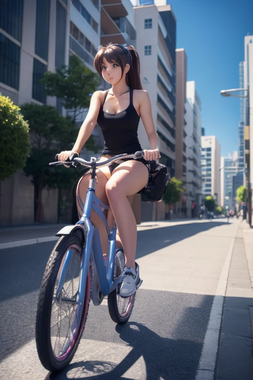 a girl rides a bicycle a street next to tall buildings, in running shorts, short shorts, inspired by Tsubasa Nakai, pixiv contest winner, highschool dxd, 3 d render official art, holo, thighs focus
