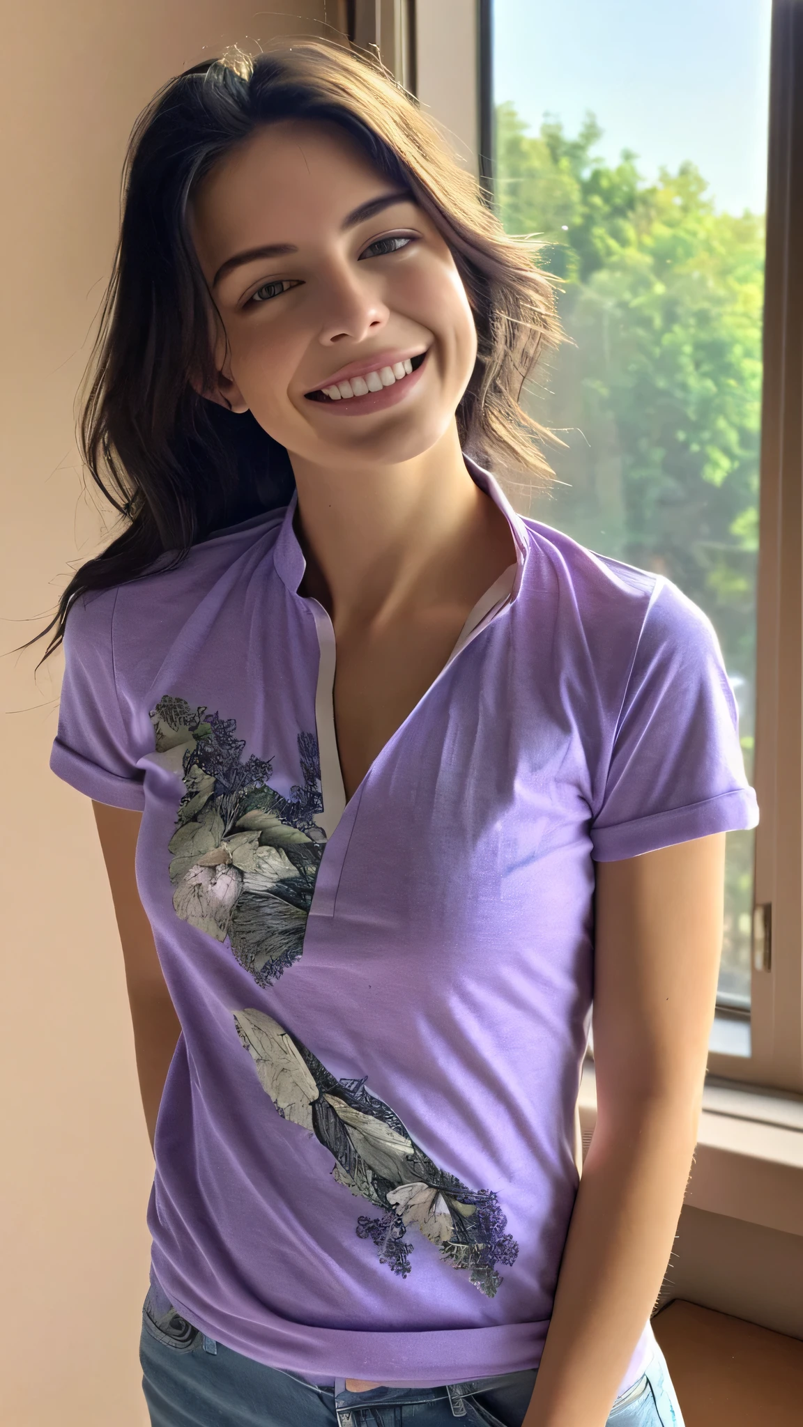 (higher resolution, distinct_image) The best quality, a woman, masterpiece, highly detailed, semi realistic, 21 years old, beautiful, young, handsome, t-shirt, lilac shirt pulled, collar on neck, interior, modern room, window, wake up, morning, blush, smiling