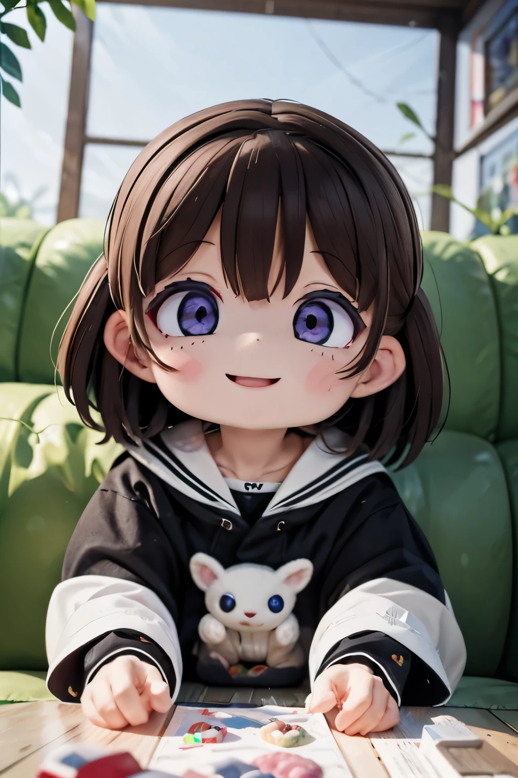A girl looking into a stuffed animal picking game at a game center、sparkling eyes、smile、