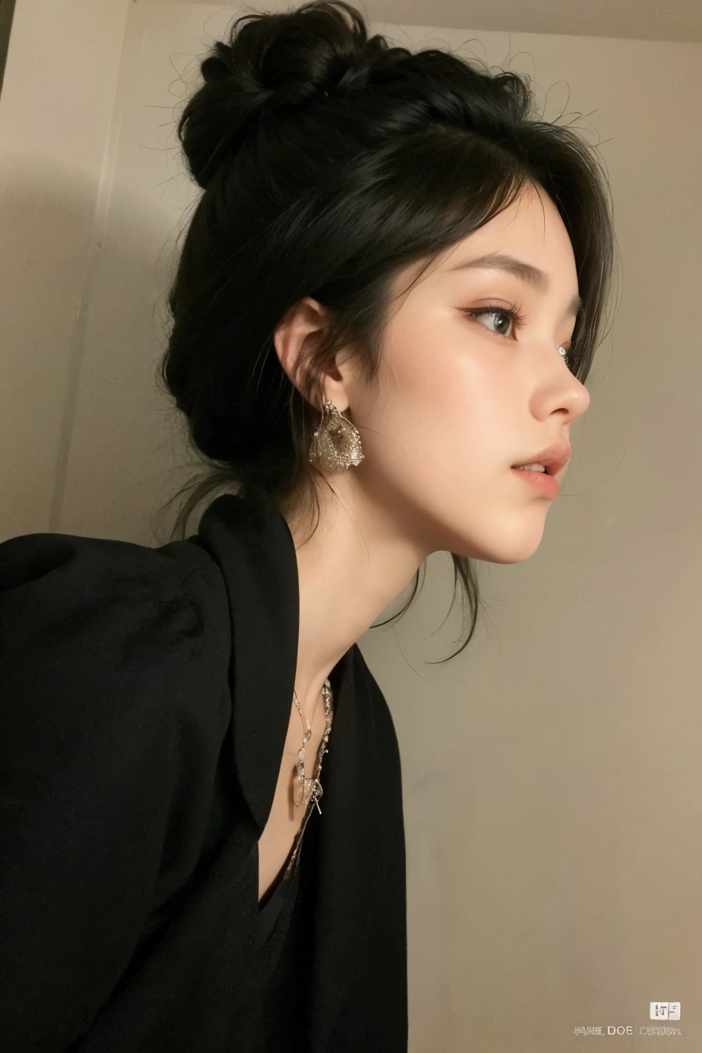 um close up de uma mulher com uma jaqueta preta e brincos, cruel korean goth girl, Ulzzang, beautiful south mulher coreana, Jinyoung Shin, coreana, gorgeous young mulher coreana, profile picture with headshot, beautiful young mulher coreana, pose de perfil elegante, Heonhwa Choe, imagem de perfil, ela tem cabelo preto com franja, mulher coreana, foto de perfil de foto de retrato