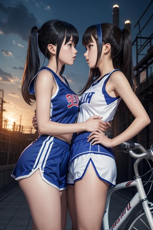 Two girls kiss while riding bicycles, at a petrochemical plant, basketball uniform, short shorts, at night, inspired by Tsubasa Nakai, pixiv contest winner, highschool dxd, 3 d render official art, holo, thighs focus
