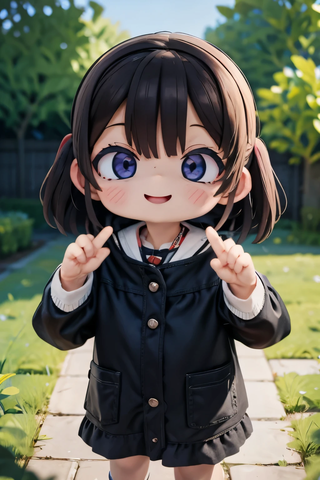 cute smile、close right eye、make your face red、Put your hands out in front of you, palms facing up、spread your fingers
