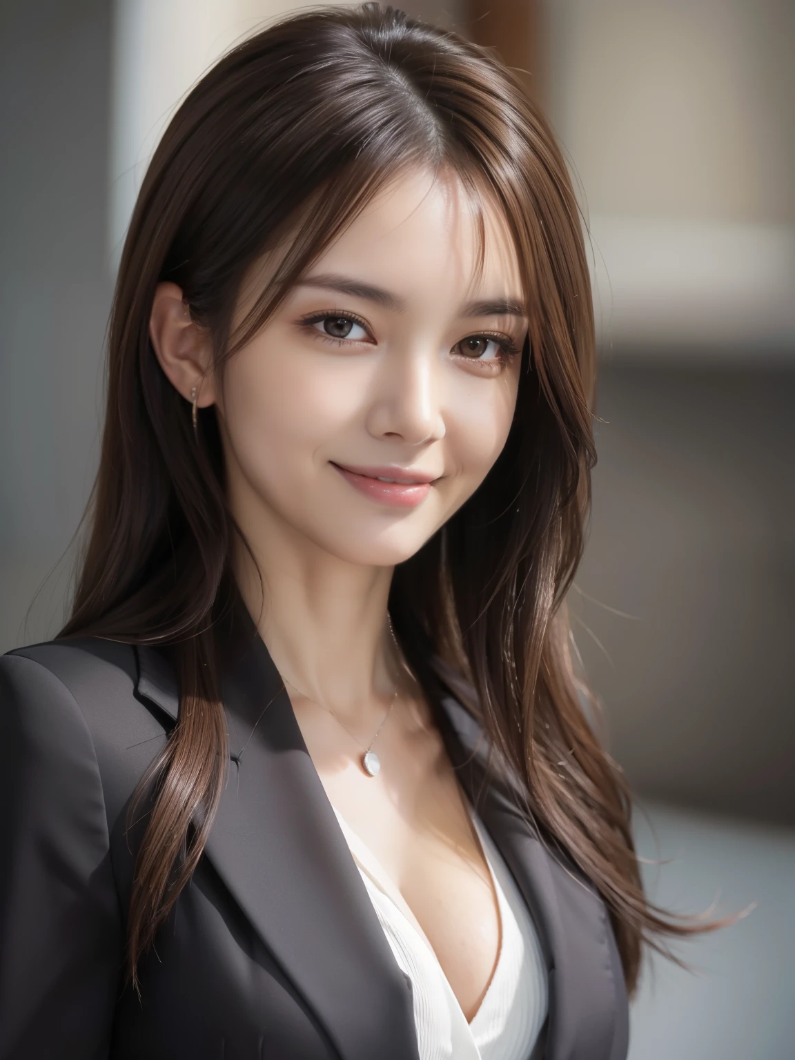 Masutepiece, Best Quality, Photorealistic, Ultra-detailed, finely detail, High resolution, 8K Wallpaper, 1 beautiful woman,, light brown messy hair, in a business suit, Normal breasts, foco nítido, Perfect dynamic composition, Beautiful detailed eyes, detailed hairs, Detailed realistic skin texture, Smiling, Waist up portrait, Model body type,