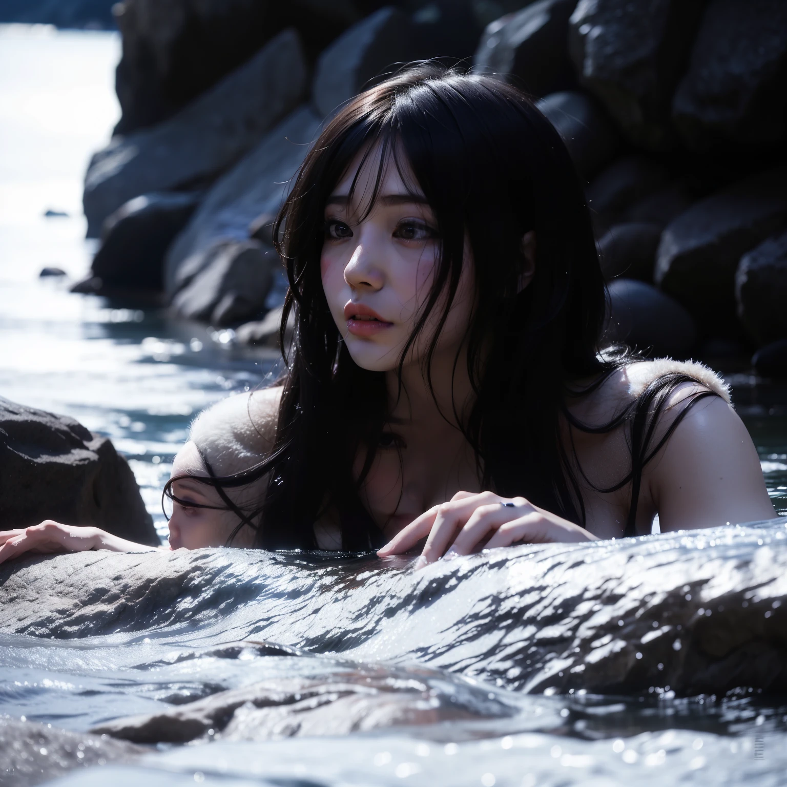 there is a woman standing in the water near some rocks, Kotegawa Yui, Sui Ishida with black hair, eiko ishioka, Publicado em Itagaki, Sui Ishida, aoi ogata, Yoshitomo Nara, masami suda, The motto is Teshirogi, Ayami Kojima Amano