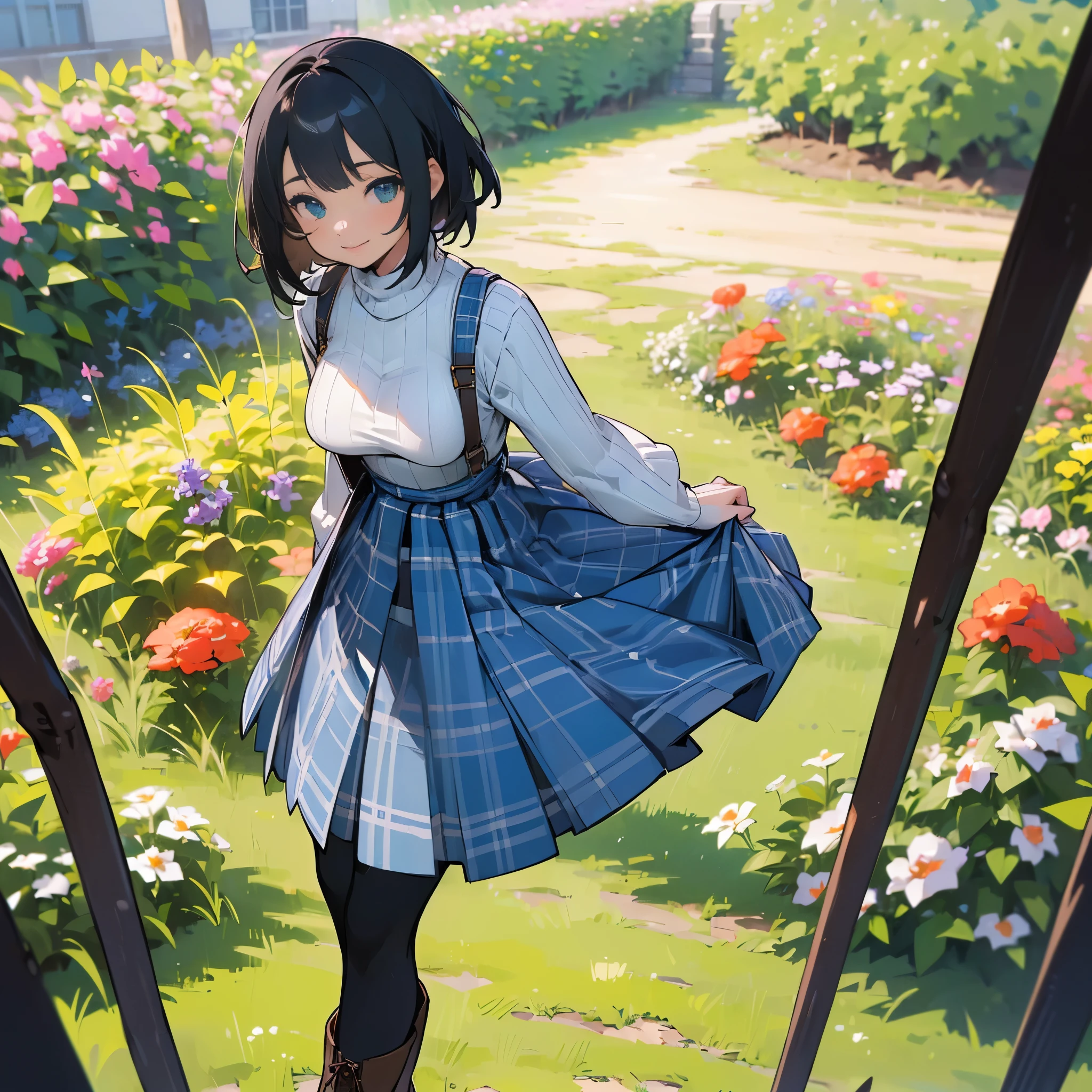 (high quality, high resolution, Super detailed, Reality:1.37), peaceful atmosphere, (outdoor, garden), Teenage girl standing alone, (My breasts are big.), Beautiful detailed features, cute smile, (black bob hair), ribbed sweater, blue plaid skirt, Black tights, brown boots.