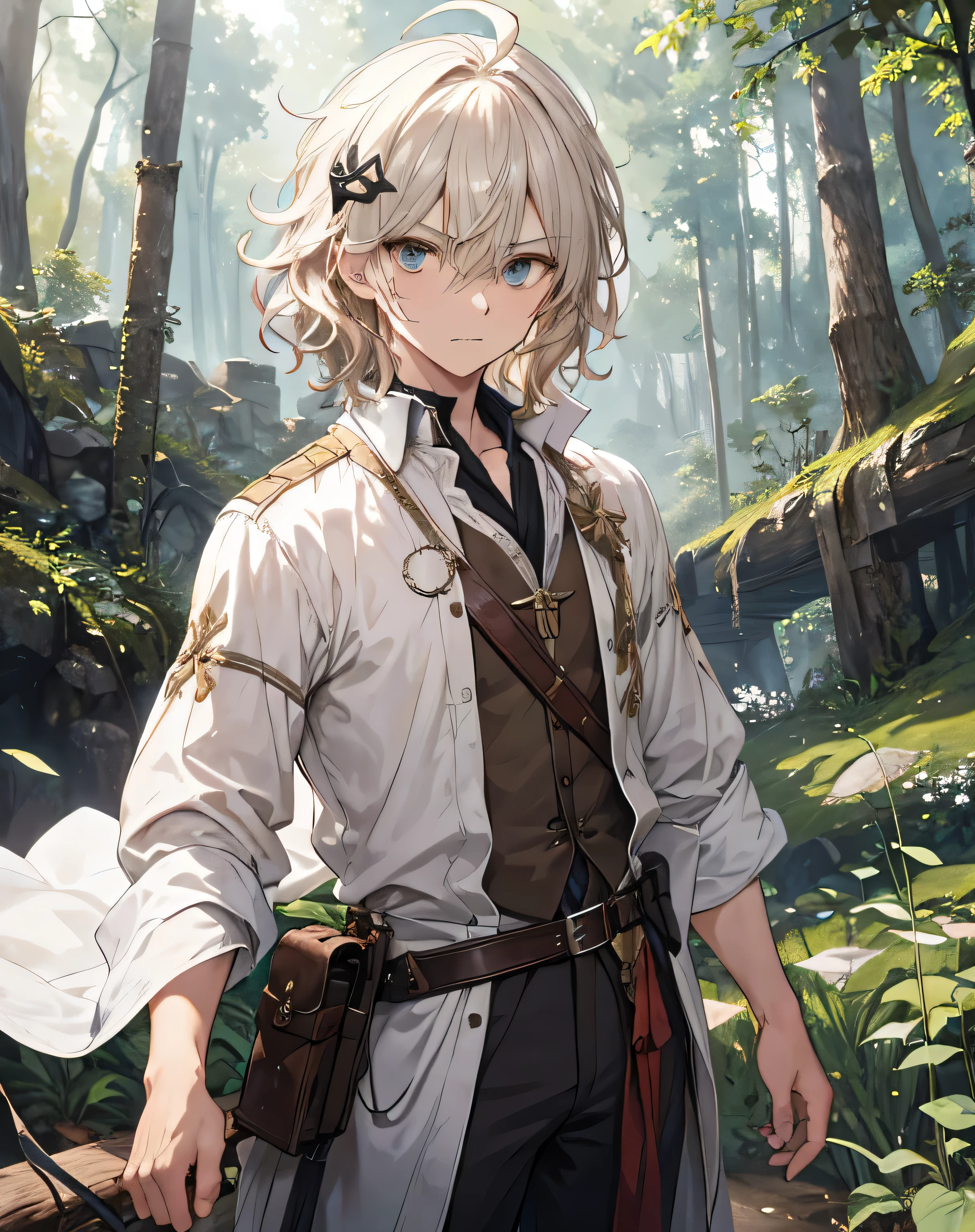 masterpiece, 1men, sparrow, a silver blonde haired men, wearing a medieval villager clothes, curly medium hair, messy hair, slim body, wearing adventurer clothes, he close her left eye, shirt ornament, angry expression, aqua eyes, stand at forest, ahoge,