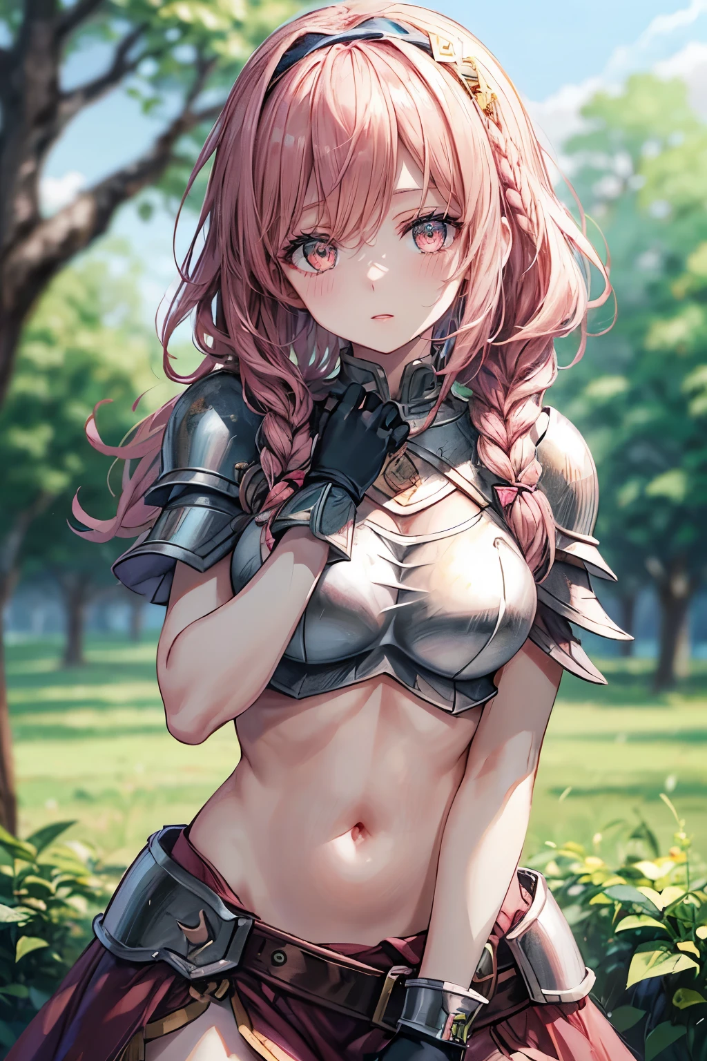 lapis fe, 1girl, solo, looking at viewer, blush, bangs, gloves, upper body, braid, hairband, outdoors, parted lips, sky, day, hand up, pink eyes, armor, tree, covered navel, blurry background, hand on own chest, shoulder armor, side braid, breastplate, red armor