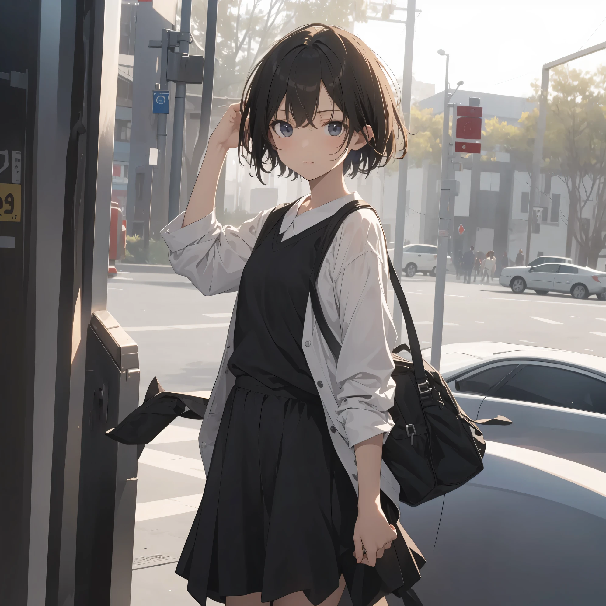 Super high quality by the art god, super detailed, High resolution, Shinkai Makoto style, anime moe art style, best anime 8K konachan wallpaper, pixiv contest winner, perfect anatomy, break,(眠そうにalone学校へ行く女の子を描いてください. )break, 1 girl, (alone,little woman, lolita, , 13 years old:1.3),All limbs, full finger,, The charm of an immature body, (very short hair), flat chest, small ass, between legs, Small black eyes, beautiful and fine eyes, Well-proportioned iris and pupils, expressive eyes, disgusted eyes, High resolutionの詳細な髪, wearing school uniform, (skirt),(detailed lighting), (detailed background), On the way to school., break,super dense skin, Best lighting by famous artists, 8K, figure,UHD, rough skin