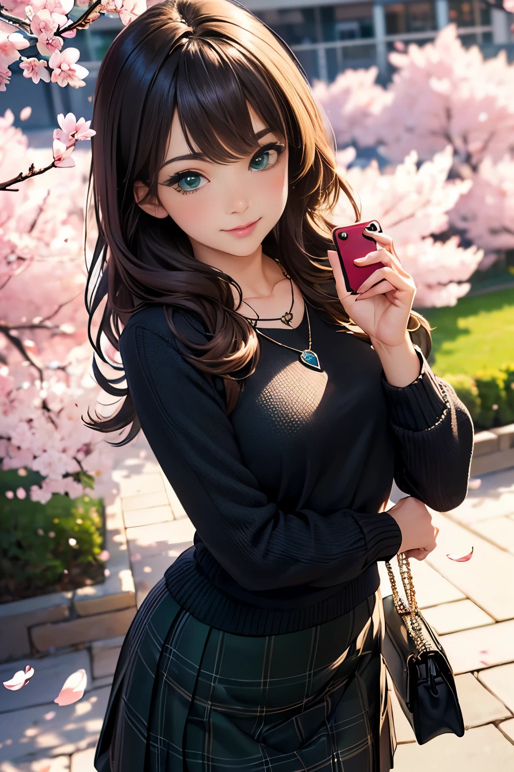 ((table top, highest quality, High resolution, nffsw, perfect pixel, written boundary depth, 4K, nffsw, nffsw))), 1 girl, single, alone, beautiful anime girl, beautiful art style, anime character, ((long hair, bangs, brown hair)), ((green eyes:1.4, round eyes, beautiful eyelashes, realistic eyes)), ((detailed face, blush:1.2)), ((smooth texture:0.75, realistic texture:0.65, realistic:1.1, Anime CG style)),  dynamic angle,  ((throw, Selfie Pose, portrait)), ((Black sweater, long sleeve, black skirt, plaid skirt, Fashionable, 1 handbag, 1 diamond necklace)), smile,  amusement park, ((cherry blossoms, cherry blossomsの花が散る))