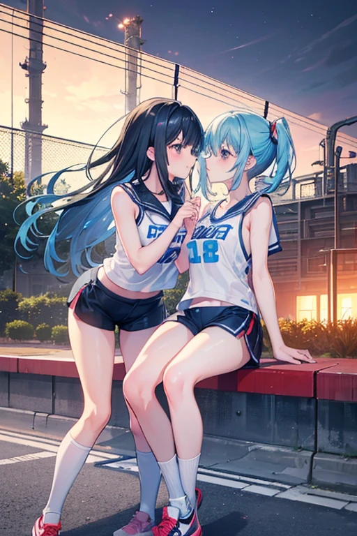 Two girls kiss while riding bicycles, at a petrochemical plant, basketball uniform, short shorts, at night, inspired by Tsubasa Nakai, pixiv contest winner, highschool dxd, 3 d render official art, holo, thighs focus