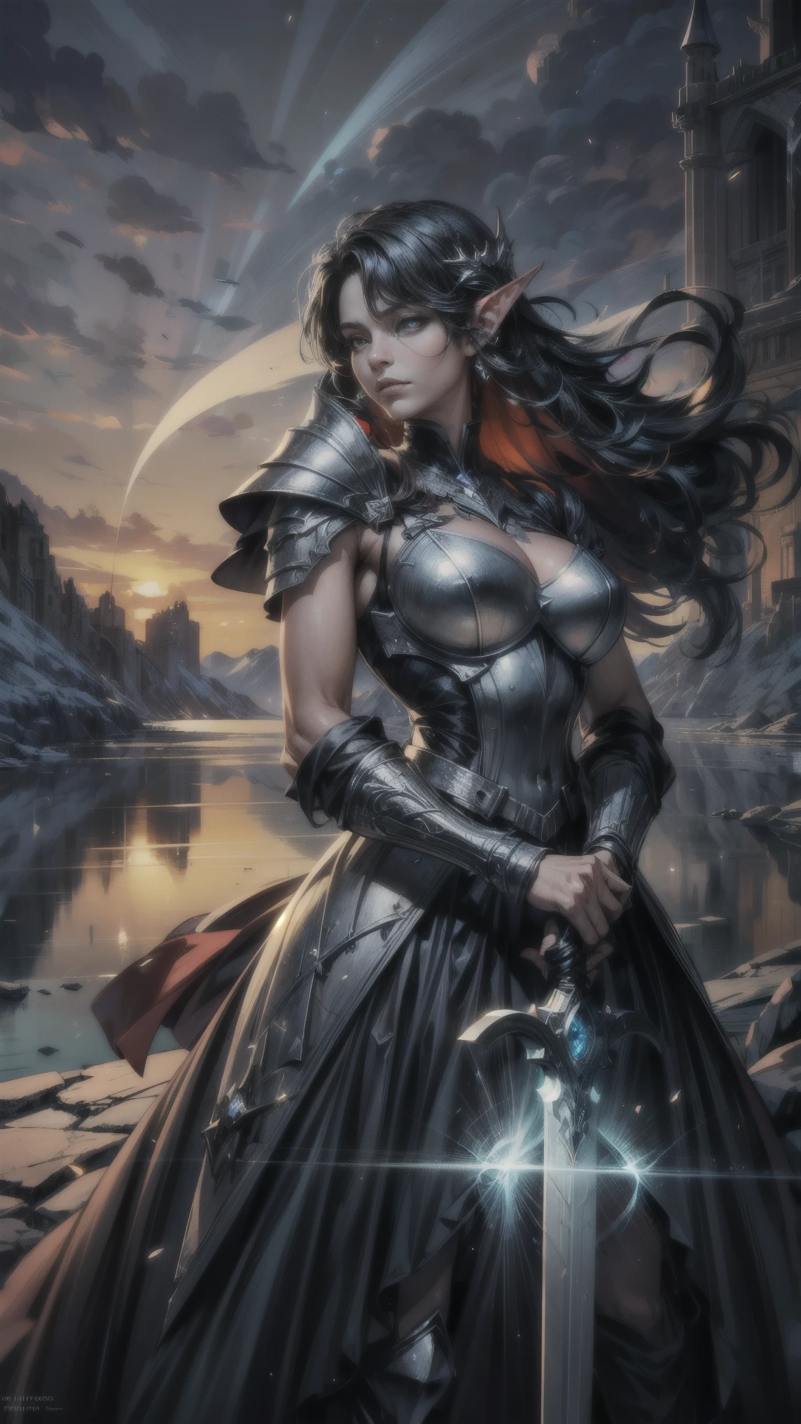 (best quality,ultra-detailed,realistic,highres:1.2),elfish nature,red-haired (royal knight:1.1) stands confidently in a grand and enchanting landscape. The knight wears a majestic plate armor that shines under the sunlight. Elvish ears peek out from beneath the knight's helmet, revealing their ethereal ancestry. (Eyes filled with determination:1.1) gaze forward with unwavering focus. An intricate and (colorful line art logo portrait:1.1) adorns the knight's armor, highlighting their prestigious status within the realm. The logo portrays symbols of valor, bravery, and heritage, symbolizing the knight's allegiance to the royal house. In the knight's hands, a legendary sword, bathed in a pulsing blue glow. The sword is held with both hands, radiating power and (divine energy:1.3). Each swing of the sword creates mesmerizing trails of light that cut through the air, leaving a lustrous mark. Frozen shards of ice are scattered around the knight, a testament to their mastery of the element. These shimmering fragments create an icy aura, adding an element of awe and magic to the scene. The air crackles with energy as shards slowly melt and evaporate into a misty vapor. The landscape surrounding the knight is breathtaking, filled with lush greenery, majestic mountains, and winding rivers. Rays of sunlight pierce through the thick foliage, casting a warm and gentle glow. The vibrant colors of nature harmonize with the knight's presence, reflecting the resilience of the kingdom. Capturing the essence of (portrait, concept art), this stunning masterpiece brings forth a sense of grandeur, power, and honor. It embodies the spirit of chivalry and the indomitable will of the royal knight, reminding all who gaze upon it of their duty to protect the realm.