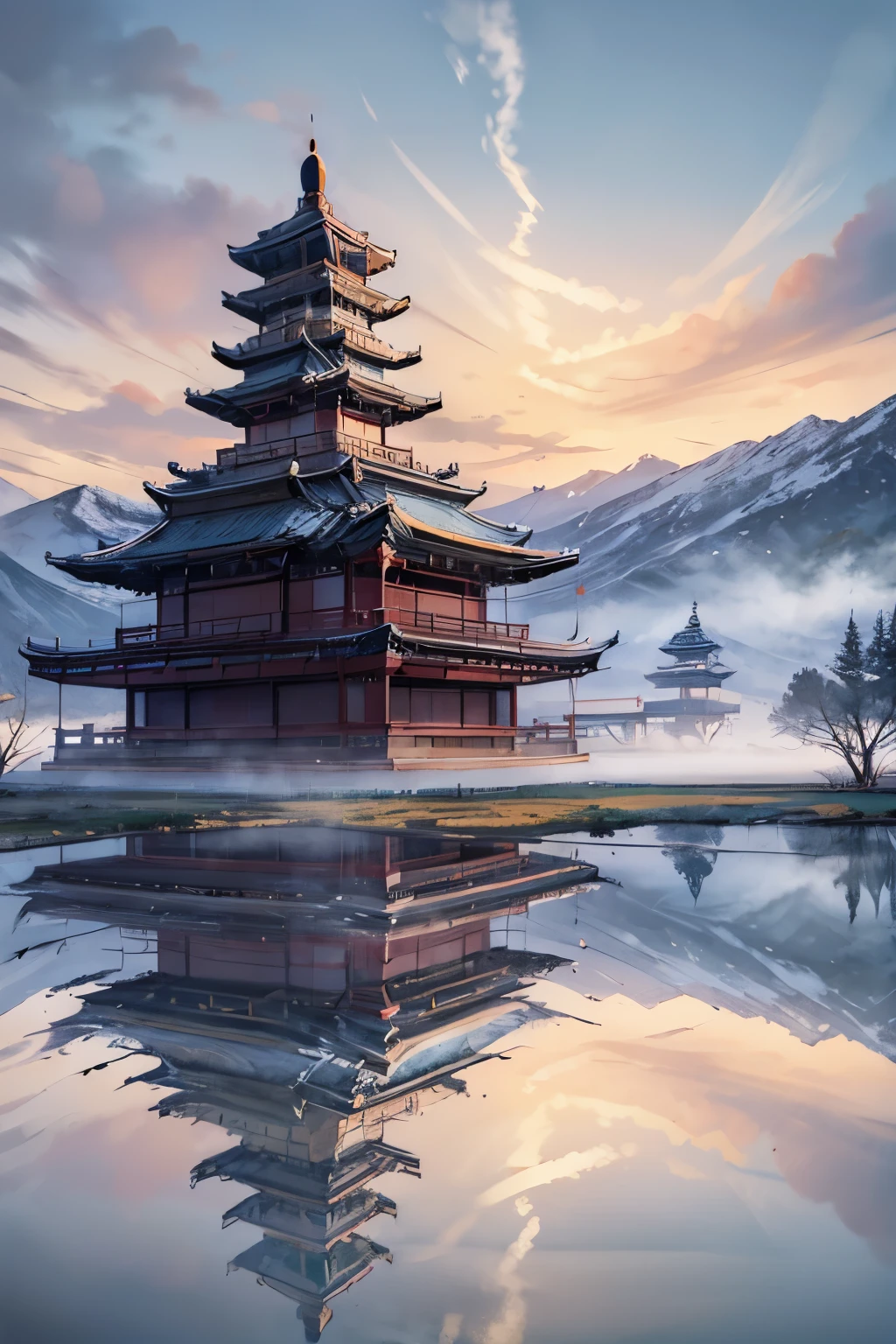 mountain range, fluffy clouds, traditional Chinese pagoda, elegant cranes, majestic peaks, misty atmosphere, serene landscape, tranquil reflection, ornate rooftops, graceful movements, distant horizon, peaceful harmony, delicate brushstrokes, vibrant colors, soft sunlight, ethereal beauty, timeless elegance, sacred symbols, cultural heritage, timeless tranquility, poetic scenery.