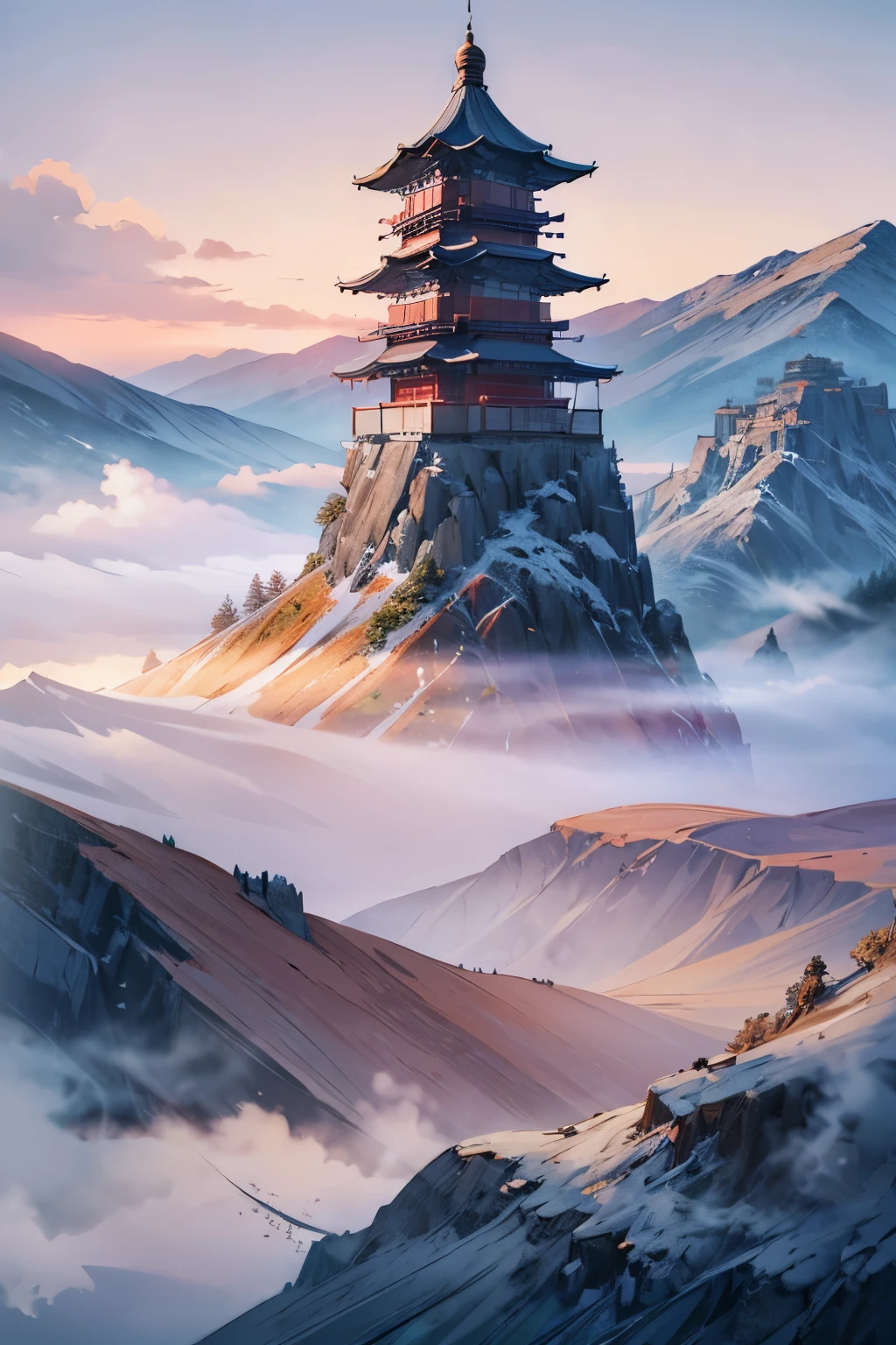 mountain range, fluffy clouds, traditional Chinese pagoda, elegant cranes, majestic peaks, misty atmosphere, serene landscape, tranquil reflection, ornate rooftops, graceful movements, distant horizon, peaceful harmony, delicate brushstrokes, vibrant colors, soft sunlight, ethereal beauty, timeless elegance, sacred symbols, cultural heritage, timeless tranquility, poetic scenery.