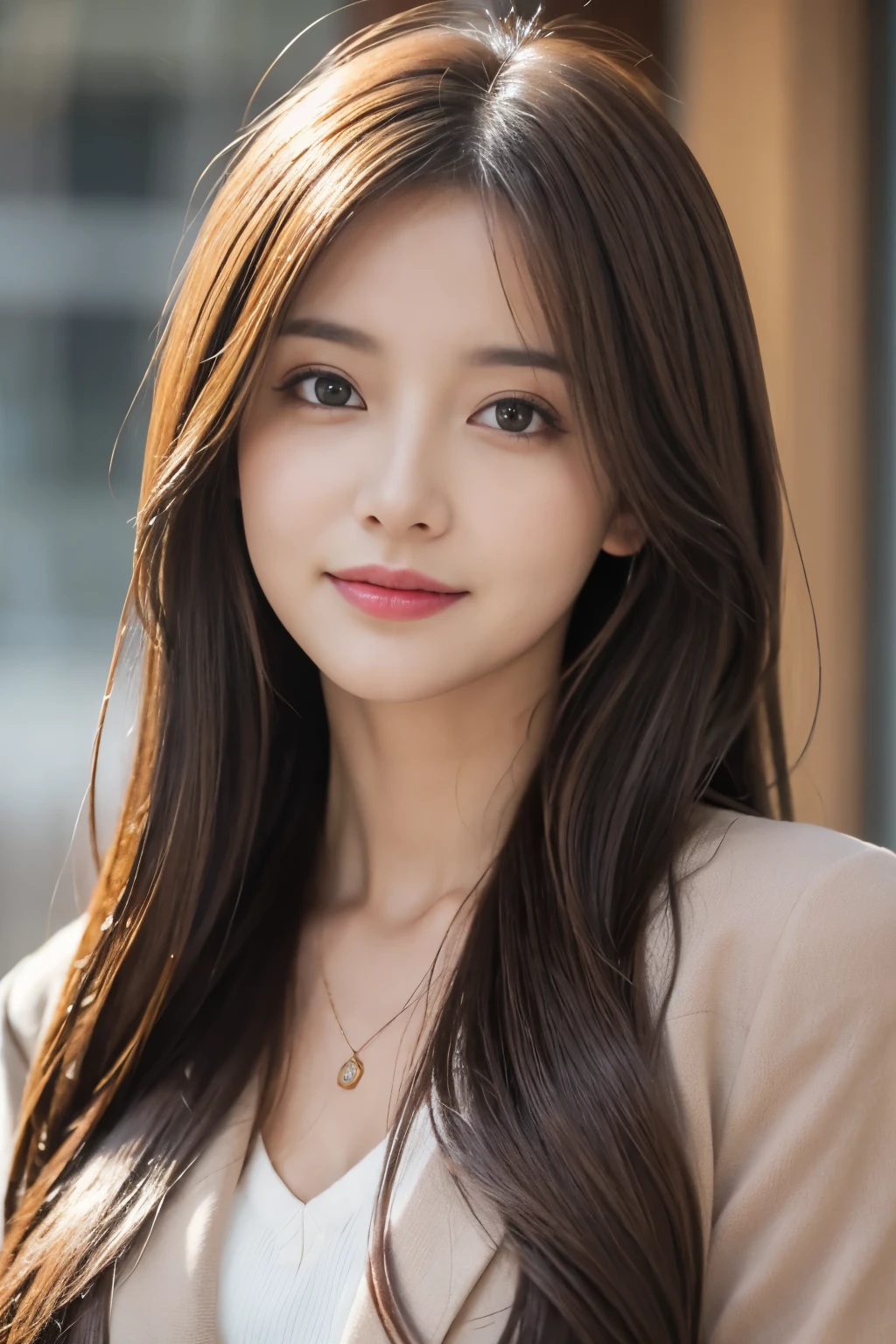 table top、highest quality、genuine、Super detailed、finely、High resolution、8k wallpaper、one beautiful woman、、、light brown disheveled hair、wearing a business suit、sharp focus、perfect dynamic composition、beautiful and detailed eyes、thin hair、詳細なgenuineな肌の質感、smile、close-up portrait、model body shape