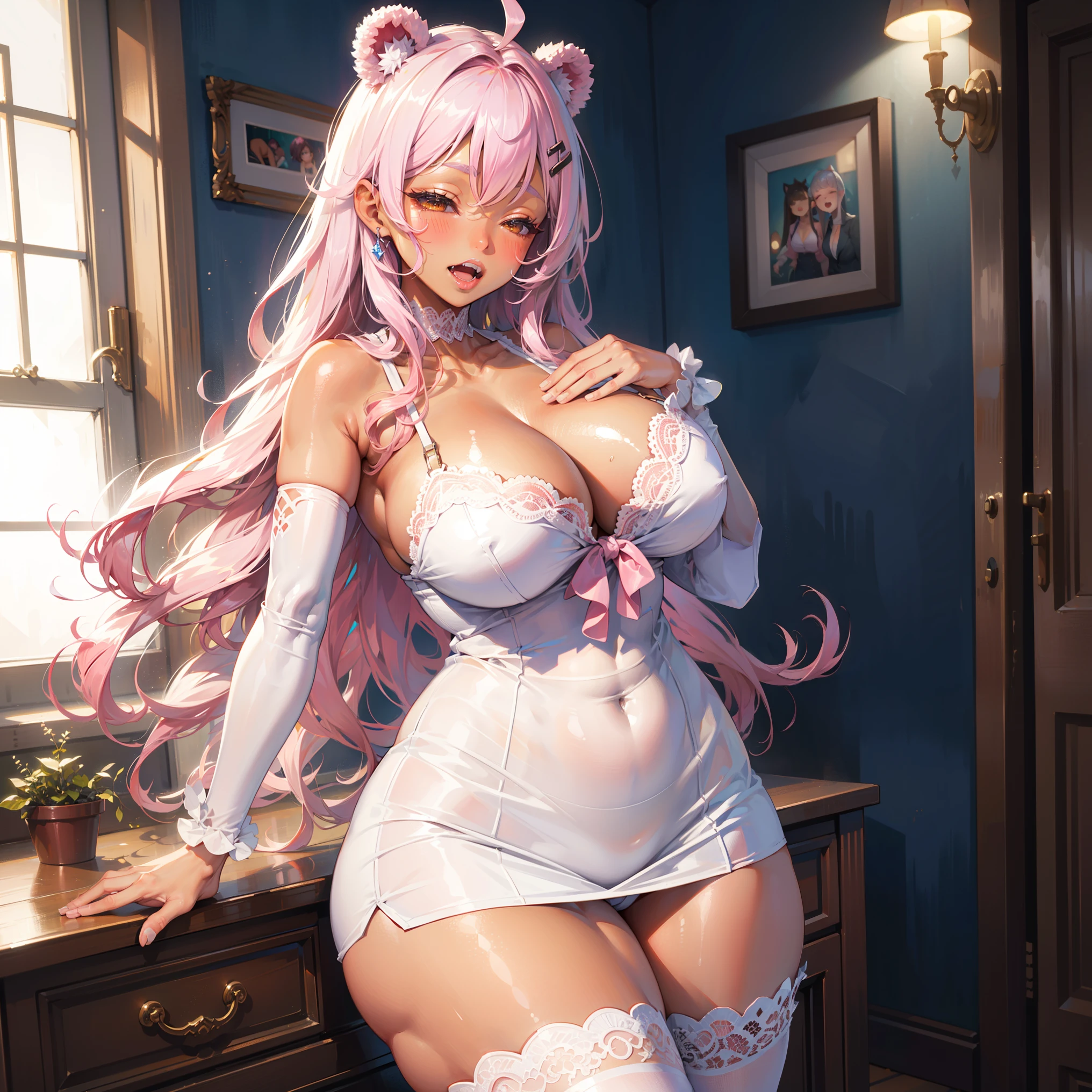 ((((1girl)))), pink hair, ahoge, (curly hair), ((very long hair)), ((half-closed eyes)), bear ears, (((fang))), ((((dark skin)))), ((huge )), ((brown eyes)), (thick thighs), ((thick lips)), ((wide hips)), (thighhighs), ((pink oufit)), ((lace)), ((long eyelashes)), super detailed, ((cleavagest quality)), highres, UHD, textured skin, ((pink)), ((indoor)),