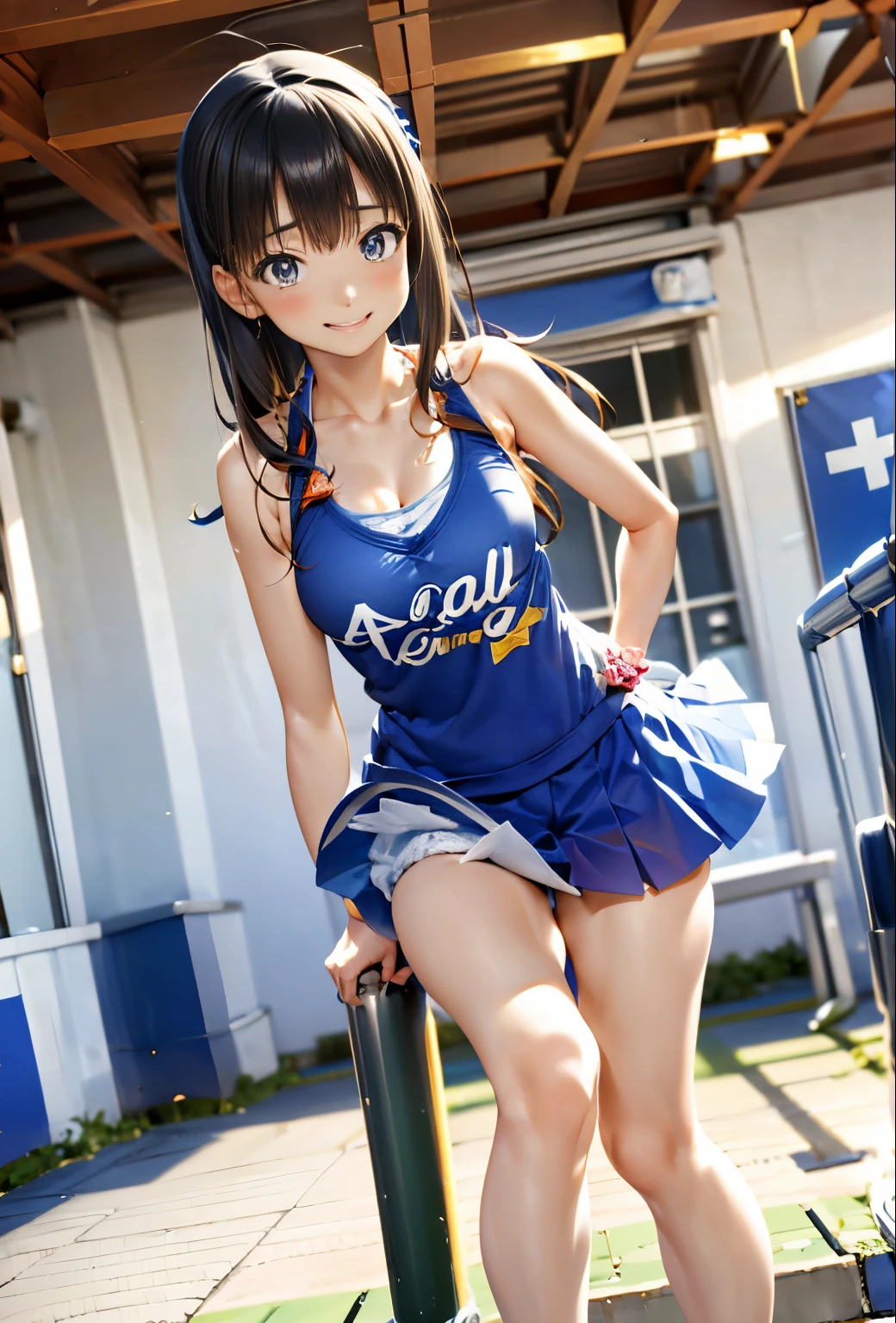 Arafe cheerleaders in blue and white uniforms performing on stage, Chiho, pretty face with arms and legs, Chiho ashima, teenage girl cheerleader, support, cute playful pose of dancer, I can see the legs, strongest pose, aoshima Chiho, japanese mascot, in an action pose, young gravure idol, Young and cute gravure idol