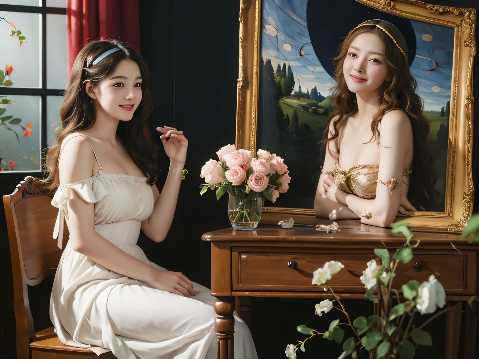 full body portrait or statue、Stained glass、Vigée Leblanc style、math、astronomical machine、astronaut、roses in vase、fruit、Cute trinkets、smile、ancient greek costume、Sandro Botticelli paintings、Costume that stretches your shoulders、A big smile、expression of 、sexy、beiful bare skin、Detailed representation of the seducing woman throughout the body