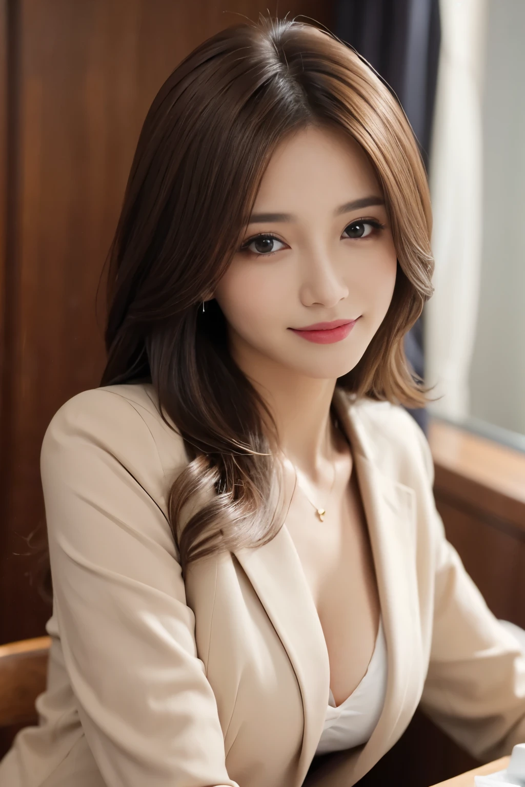 table top、highest quality、genuine、Super detailed、finely、High resolution、8k wallpaper、one beautiful woman、、、light brown disheveled hair、wearing a business suit、sharp focus、perfect dynamic composition、beautiful and detailed eyes、thin hair、詳細なgenuineな肌の質感、smile、close-up portrait、model body shape