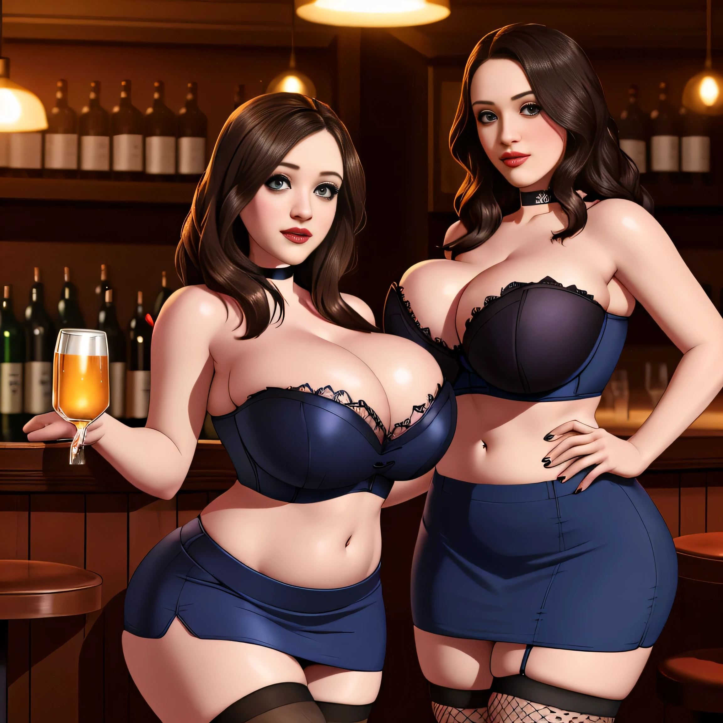 Kat Dennings, masterpiece quality, lots of detail, studio lighting, realistic, in a fancy British pub, liquor bar in background, in a pub, wearing blue corset, wearing blue mini skirt, wearing choker collar, wearing fishnet stockings midriff, (midriff:1.5), lots of cleavage, big breasts, (big breasts:1.3),