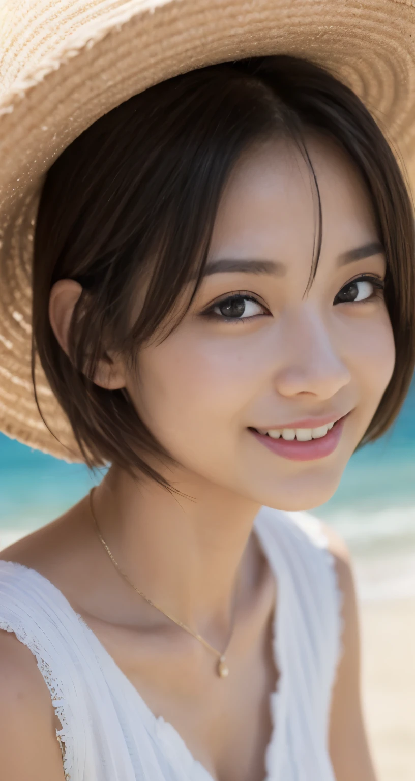(movie),(short hair:1.23), (30 year old woman),(nogizaka46), (masterpiece,surreal), (8KUHD), focus on face, (fractal art:1.23), beautiful and detailed eyes,natural lip,white dress,straw hat,Uplifting,nice smile,While walking on the sandy beach