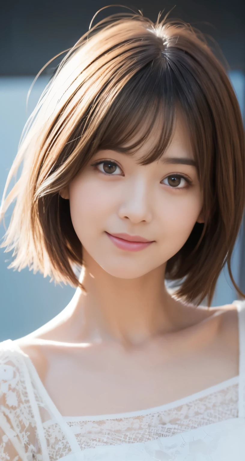 (movie),(short hair:1.23), (20 year old woman),(nogizaka46), (masterpiece,surreal), (8KUHD), focus on face, (fractal art:1.23), beautiful and detailed eyes,natural lip,white dress,Uplifting,nice smile