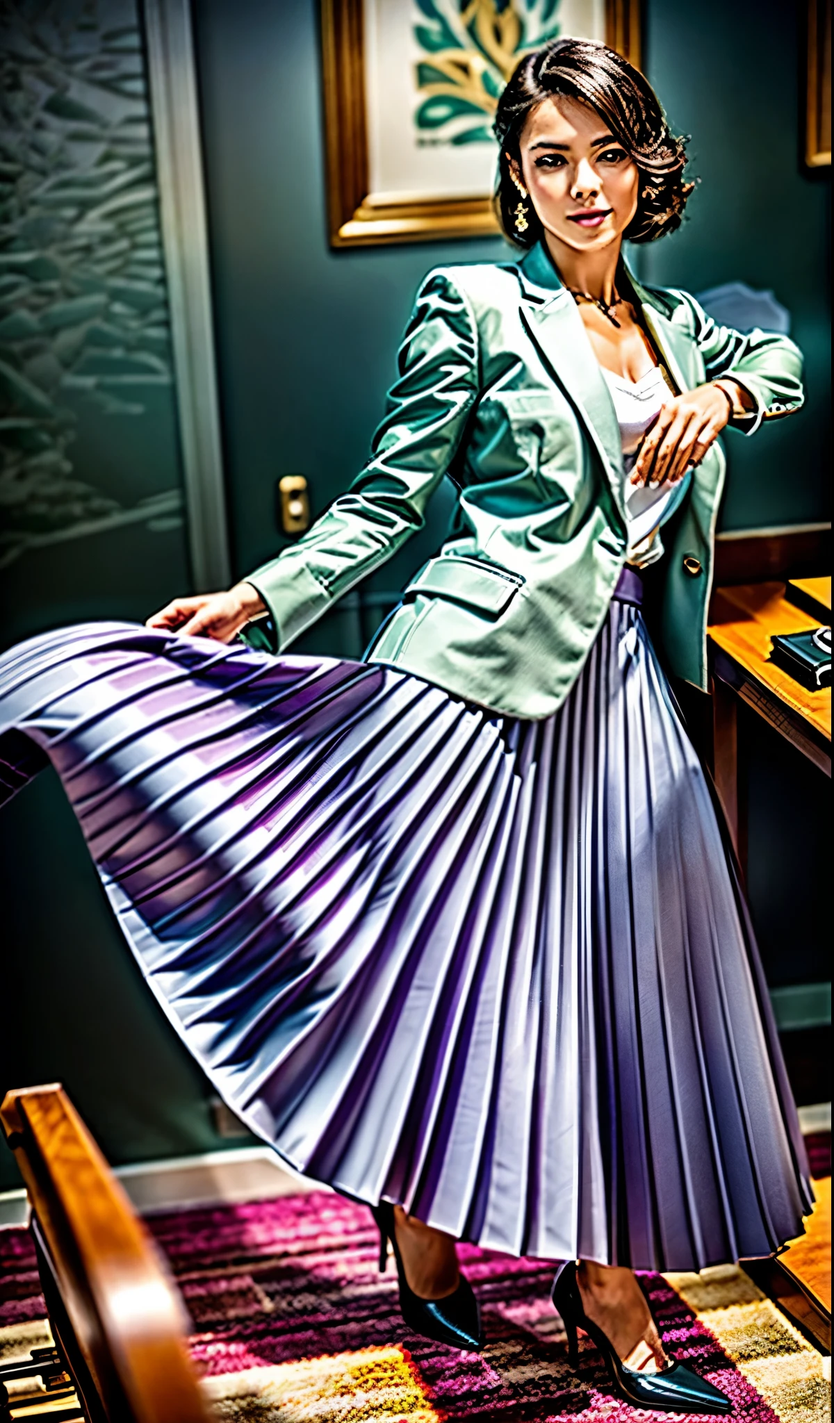 A smiling, authentic, (shy:1,3), kind, beautiful woman, is passionately in love with her skirt, while wind lifts her skirt, wearing short blazer and very very detailed (long (fully pleated) full circle skirt) and (low heeled court shoes), very very intricate hyper-detailed symmetric (attractive graceful young feminine face) with (sad, tired eyes and a loving smile), large breasts, full of empathy and compassion and love, (pronounced (feminine) features), (highly detailed ultra accurate realistic) hands and fingers, (windy), epic composition, highly detailed attributes, (35mm f1.4 Kodak portra 400 photograph), extremely high quality RAW photograph, highly detailed atmosphere, sci-fi, cinematic shot, dynamic lighting, 75mm, Technicolor, Panavision, cinemascope, sharp focus, fine details, 8k, HDR, realism, realistic, key visual, film still, superb cinematic color grading, depth of field