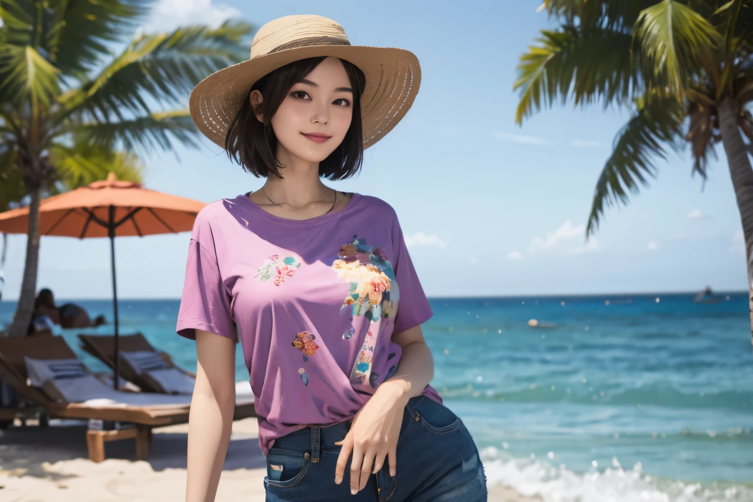 158
(Shorthair:1.46),  (a 20 yo woman, standing), (A hyper-realistic), (Masterpiece), (8KUHD), (gentle smile), Slender waist, Wearing jeans, ((Floral Clothing - T-Shirts)), Wearing long pants, (abstract painting), (splash on the beach),  (breasts:1.3), (口紅), panama hat
