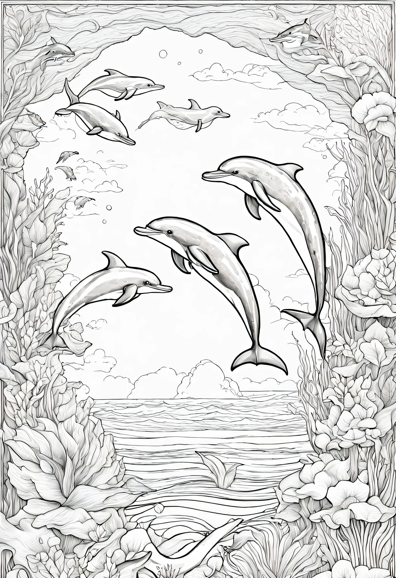 (Livro de colorir, ColoringBookAF) In a dynamic underwater scene, um grupo exultante de golfinhos salta exuberantemente das profundezas azuis, creating a harmonious display of aquatic grace. The sky above reveals a spectrum of pastel tones, transitioning from the tranquil blues of the ocean to the warm tones of a breathtaking sunrise, casting a magical glow over the entertaining marine spectacle.