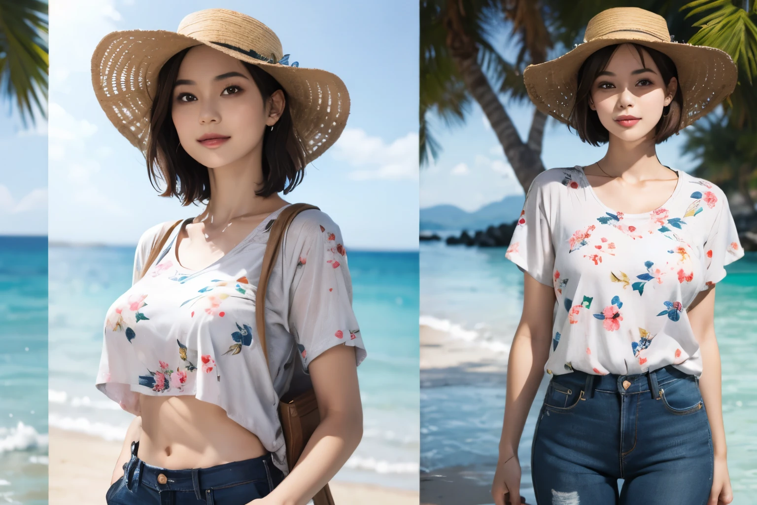 158
(Shorthair:1.46), (a 20 yo woman, standing), (A hyper-realistic), (Masterpiece), (8KUHD), (gentle smile), Slender waist, Wearing jeans, ((Floral Clothing - T-Shirts)), Wearing long pants, (abstract painting), (splash on the beach), (breasts:1.3), (口紅), panama hat