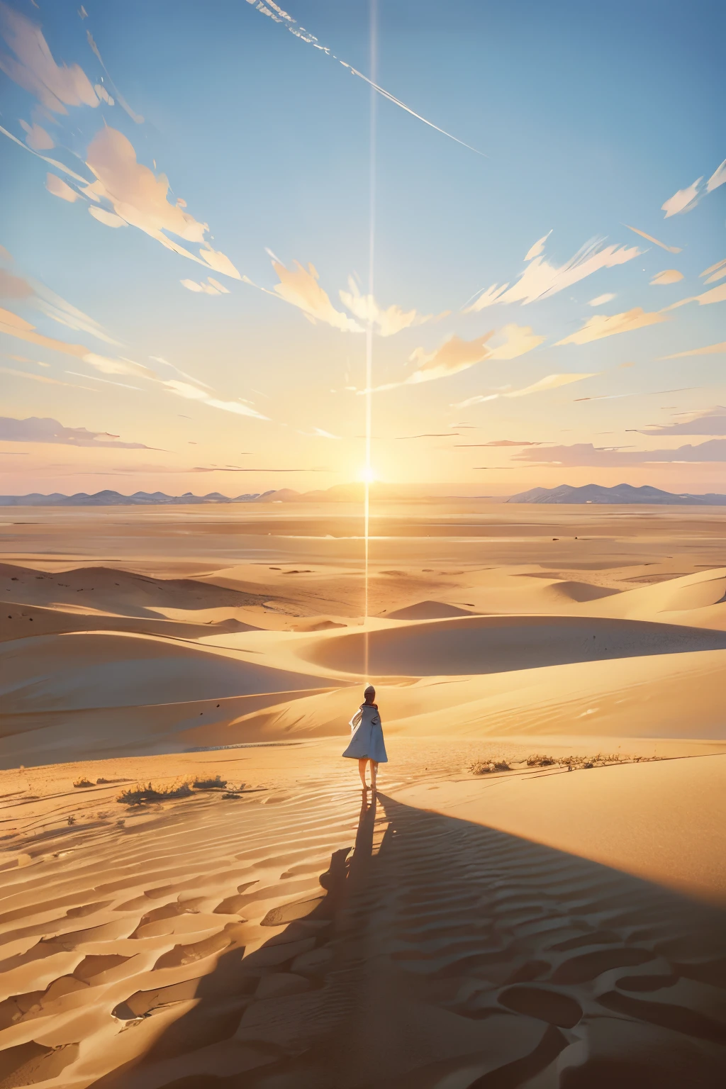 a vast desert landscape,sun-bathed sand dunes,shifting shadows of the desert,sparkling oasis,serene solitude,the wind whispers secrets through the dunes,palm trees swaying in the desert breeze,warm golden sunlight,rippling heat waves,ethereal mirages,distant mountain range,pale blue sky stretching endlessly,scorching heat,hazy horizon,footprints disappearing in the sand,tranquil silence,adventurous soul wandering in the desert,ancient ruins buried in the sand,caravan of camels trekking across the desert,sandstorm brewing in the distance,majestic desert sunset,pure solitude of the desert,spectacular starry night sky,tranquility amidst the harsh desert terrain,vast emptiness,serene beauty of the desert,maximum resolution: 4k,ultra-detailed and realistic,desert art photography.