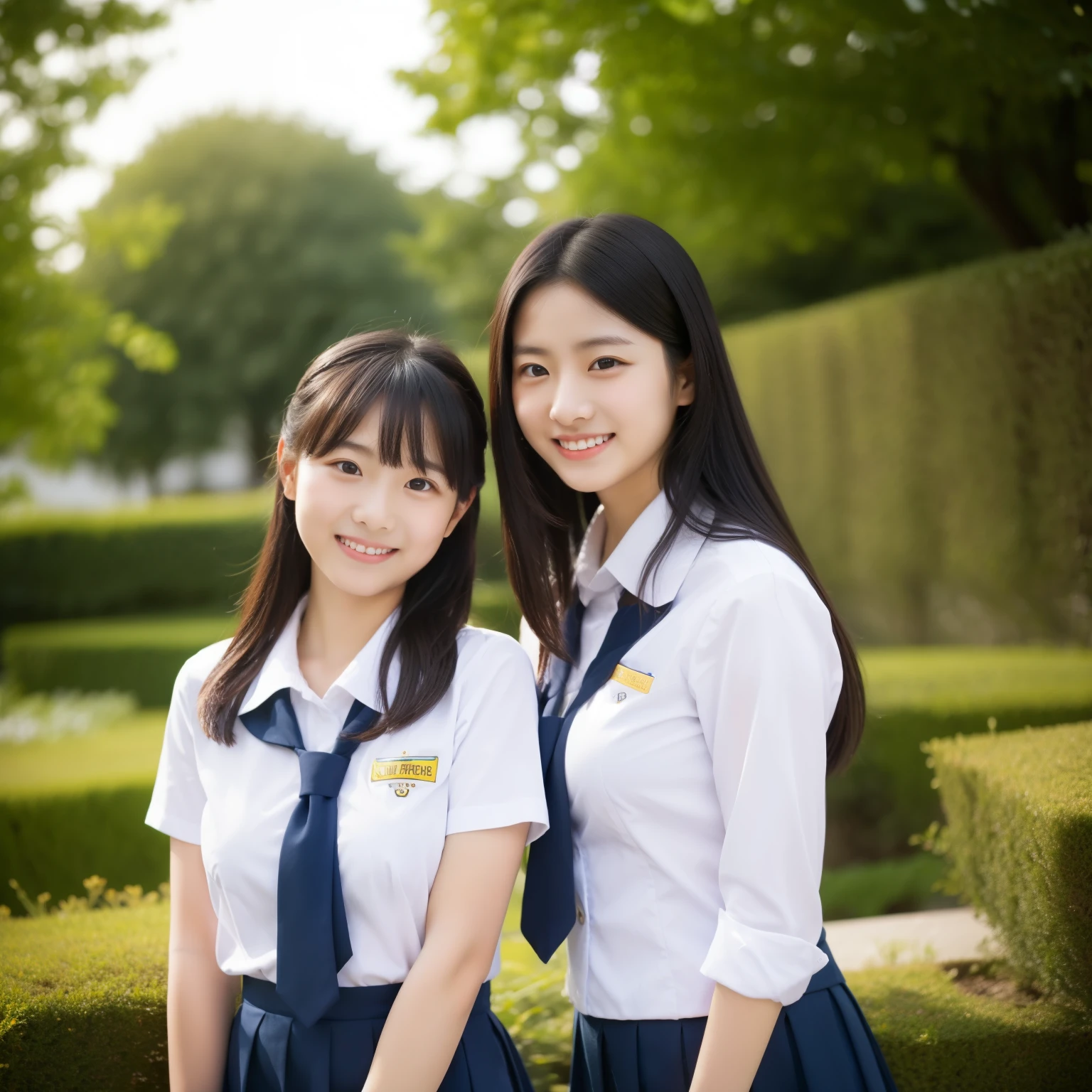 two beautiful women、18-year-old 、full body shot、80 mm、small breasts、Are thin、smile、school uniform、garden