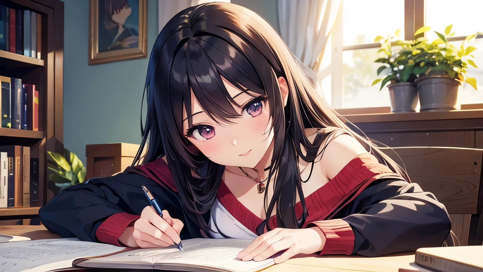 Writing with a pen, 1 girl, Home study 、A lot of books on the table, dark hair, seductive anime girl, beautiful anime girl, beautiful attractive anime woman, beautiful charming anime teen, realistic anime girl render, attractive anime girl, cute anime girl, Smooth anime CG art, cute anime girl, beautiful anime woman, realistic anime, realistic young anime girl, detailed digital anime art