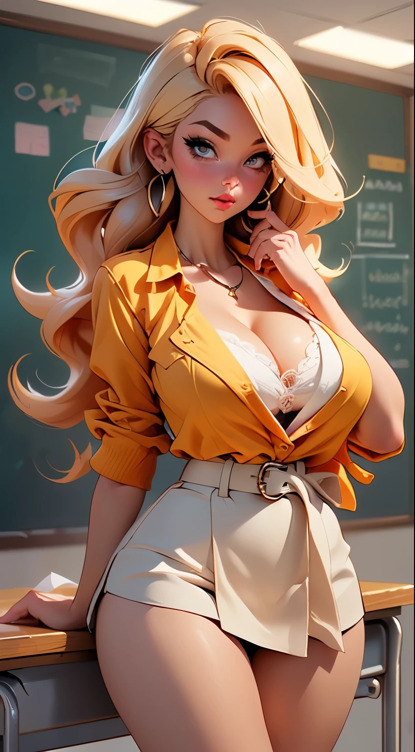 POV: ((((Super huge enormously gigantic breasts, cleavage showing)))) blonde hair, school girl uniform and school girl skirt, lace panties, skinny, slim thick, small waist, 8k, UHD, (accentuated super huge enormously gigantic tits, sexy seductive slutty pose), school classroom background