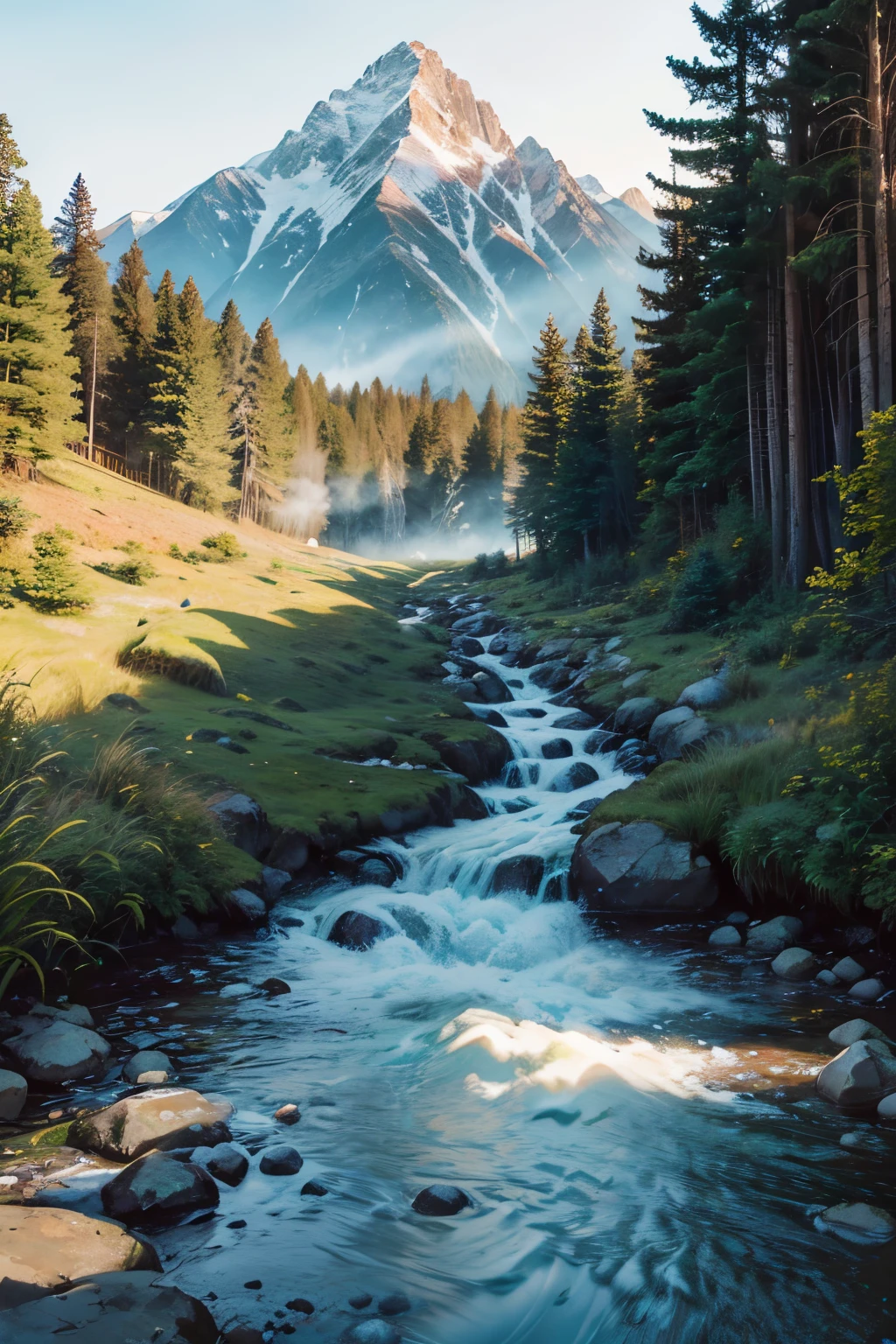 A majestic mountain range, with towering peaks and snow-capped summits (best quality, 4k, highres, ultra-detailed), bathed in warm golden sunlight. The mountains are made of rugged granite (material), giving them a rough texture. The peaks are partially covered in a thick layer of fluffy white clouds, adding a sense of mystery to the scenery. The snow on the mountain tops glistens under the sunlight, creating a sparkling effect. The shadows cast by the mountains create a dramatic contrast of light and dark (lighting). The colors of the landscape are vibrant and rich, with deep greens, earthy browns, and hints of purple from the distant hills. In the foreground, there is a small crystal-clear mountain stream meandering through the valley, reflecting the surrounding nature. A solitary pine tree stands tall on a rocky outcrop, its branches swaying gently in the breeze. At the base of the mountains, there is a dense forest, with a variety of trees and foliage, adding depth and complexity to the scene. The air is crisp and fresh, with a hint of pine scent. The overall atmosphere is serene and tranquil, inviting viewers to immerse themselves in the beauty of nature. The composition of the image is carefully balanced, with the mountain range framed by the surrounding hills and the stream leading the viewer's eye into the picture. (landscape, portraits, HDR, UHD, studio lighting, ultra-fine painting, sharp focus, physically-based rendering, extreme detail description, professional, vivid colors, bokeh)