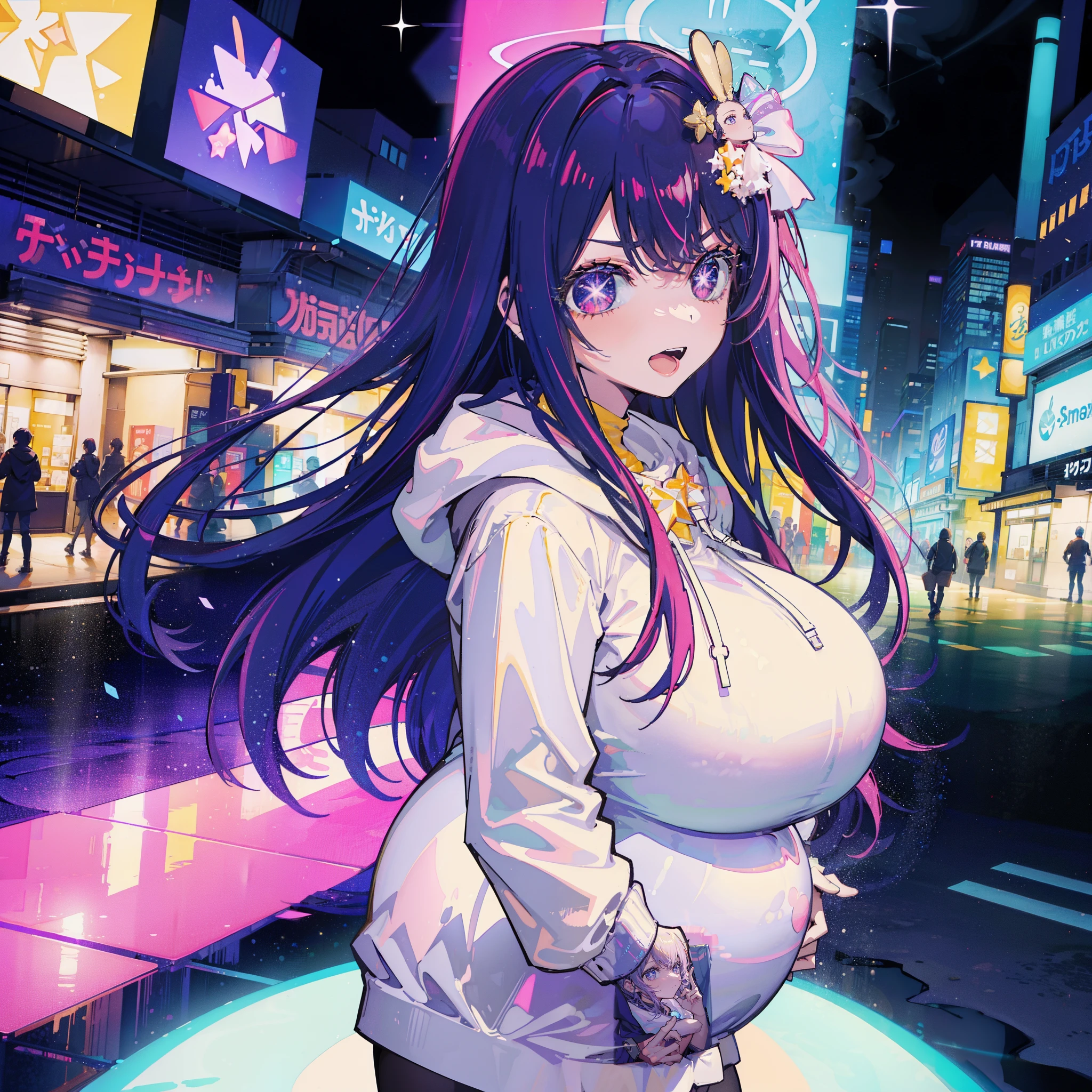 ((Masterpiece, Best Quality)),
stand in center of screen,(from head to shin),
1girl, Ai Hoshino,shiny skin,
(Hoodie),Open white coat,
(impossible clothes,silhouette),
(Stars in the Eyes,sparkle in the eyes,
clear eyes, beautiful six-pointed star eyes),
((colossal breasts, pregnant)),open mouth,smile,
black pantyhose,(hair ornaments),
City,street,(from front),