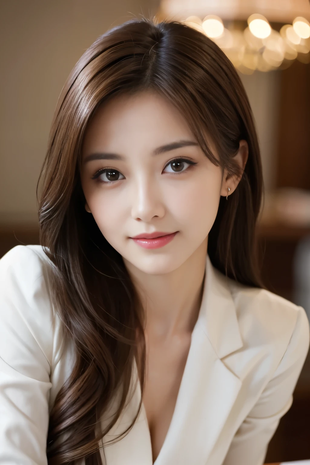 table top、highest quality、genuine、Super detailed、finely、High resolution、8k wallpaper、one beautiful woman、、、light brown disheveled hair、wearing a business suit、sharp focus、perfect dynamic composition、beautiful and detailed eyes、thin hair、詳細なgenuineな肌の質感、smile、close-up portrait、model body shape