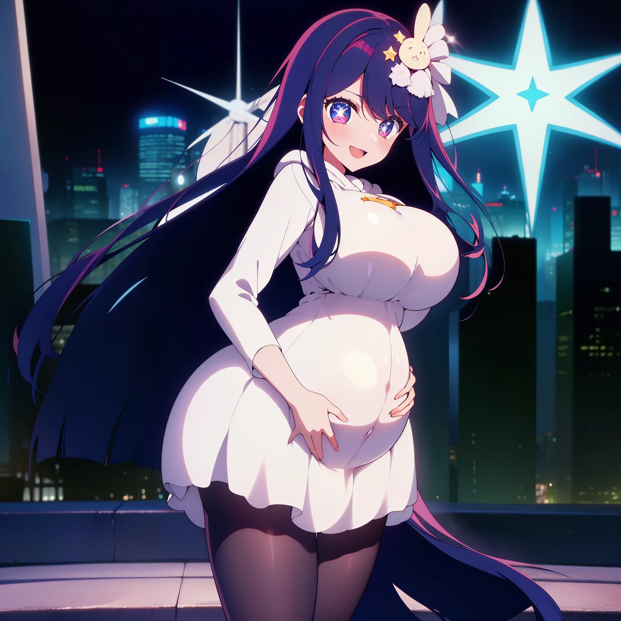((Masterpiece, Best Quality)),
stand in center of screen,(from head to shin),
1girl, Ai Hoshino,shiny skin,
(Hoodie),Open white coat,
(impossible clothes,silhouette),
(Stars in the Eyes,sparkle in the eyes,
clear eyes, beautiful six-pointed star eyes),
((colossal breasts, pregnant)),open mouth,smile,
black pantyhose,(hair ornaments),
City,street,(from front),