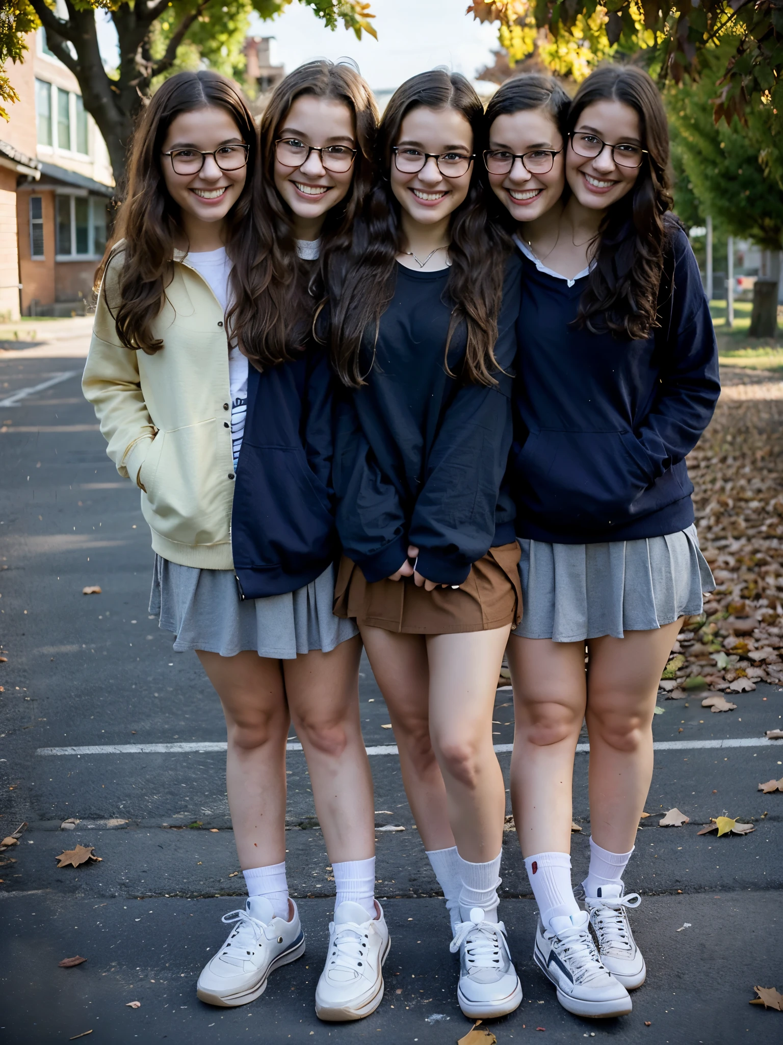 2heads, three headed girl, chubby, age 18, nerd, cute, wavy hair, glasses, very intelligent, smiling, baggy shirt, skirt, sneakers, outside school, autumn setting,