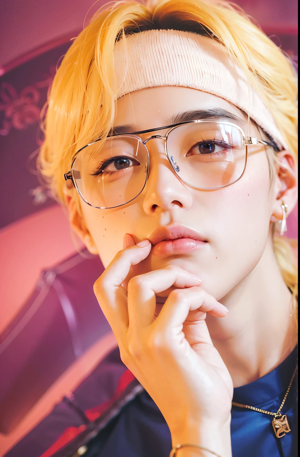un primer plano de una persona con gafas y una diadema, cai xukun, kim doyoung, taehyung comiendo papas fritas gucci, kpop idol portrait, inspirado en Yanjun Cheng, con gafas, retrato de jossi de blackpink, Jinyoung Shin, inspirado en jeonseok lee, yanjun chengt, hyung tae, fanart oficial, steven jung, primer plano retrato
