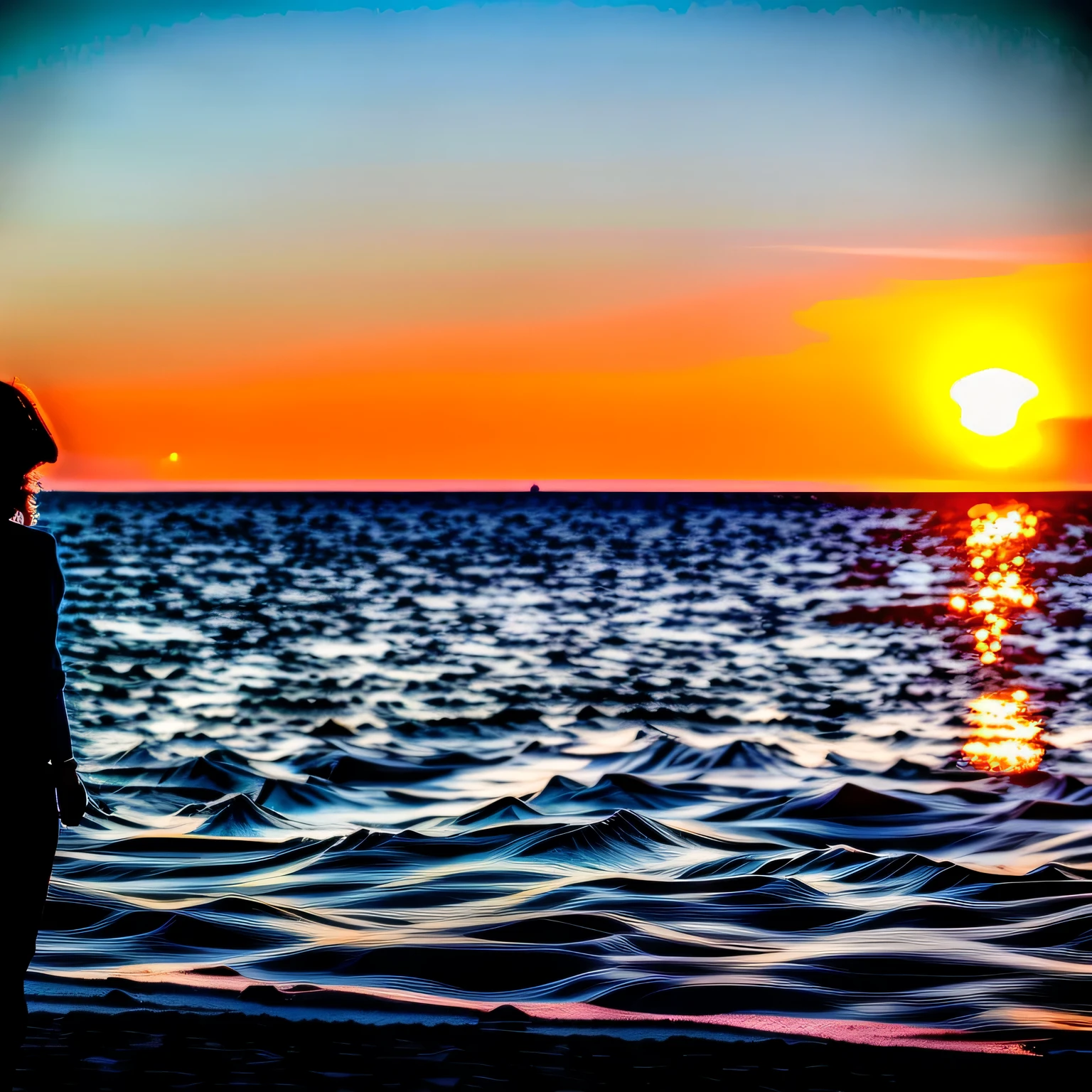 Photo of a stunning beach sunset with vibrant shades of orange and pink. A woman with long flowing hair stands on the shore, sua silhueta contra o sol poente, capturing a moment of tranquility and reflection.