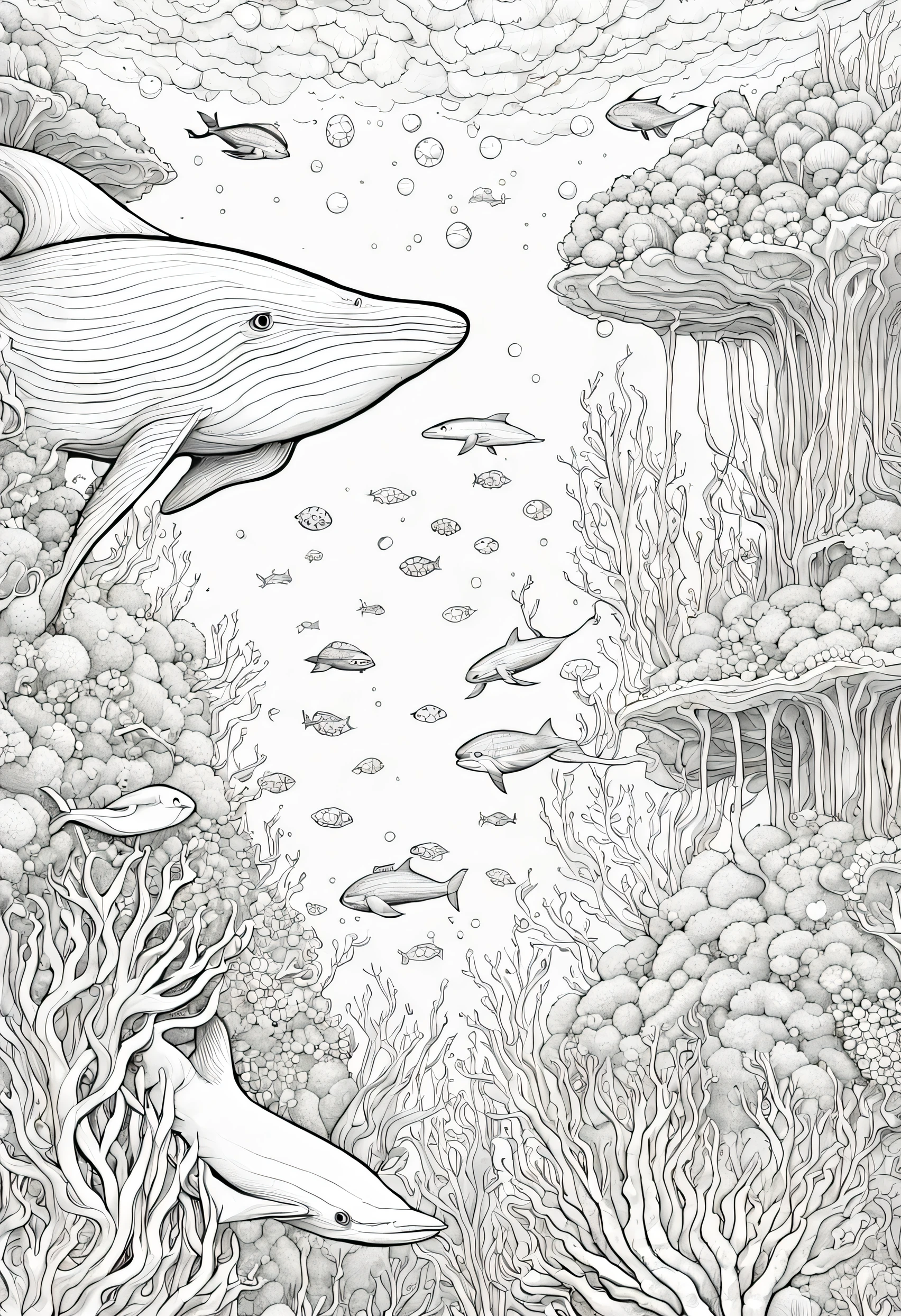 (Livro de colorir, ColoringBookAF) A heavenly underwater garden with floating islands made of star-shaped coral, lar de graciosas baleias celestiais e cercado por fios de algas marinhas brilhantes