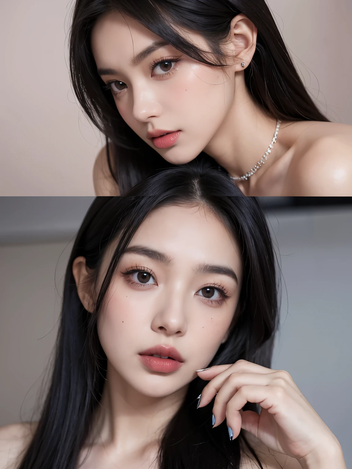Kim Jennie con el cabello negro oscuro, con rulos en las puntas del cabello negro oscuro, con un ganchito de estrella en el cabello negro oscuro, ojos de color claro, ojos bonitos, nariz bonita y respingada, labios bonitos, labios rosas, heart shaped lip and cupid, piel bonita, pale and white skin, con lunares y pecas en todo el rostro, rubor rosa suave en las mejilla, rubor rosa natural, dark and gothic makeup, Jennie gotica, cuellos bonito, cuello marcado, frown, mirada enojada, con un collar de beso, un collar bonito de beso, mientras muestra sus pechos desnudos, mientras tiene los pezones con dos corazones de papel rosa, tiene los pezonnes con corazones de papel rosa, con un sombrero de vaquero 🤠, bonito Sobrero de vaquero, (pechos grandes, pechos suaves, pechos bonitos, pechos naturales), looking to the camera, selfie 